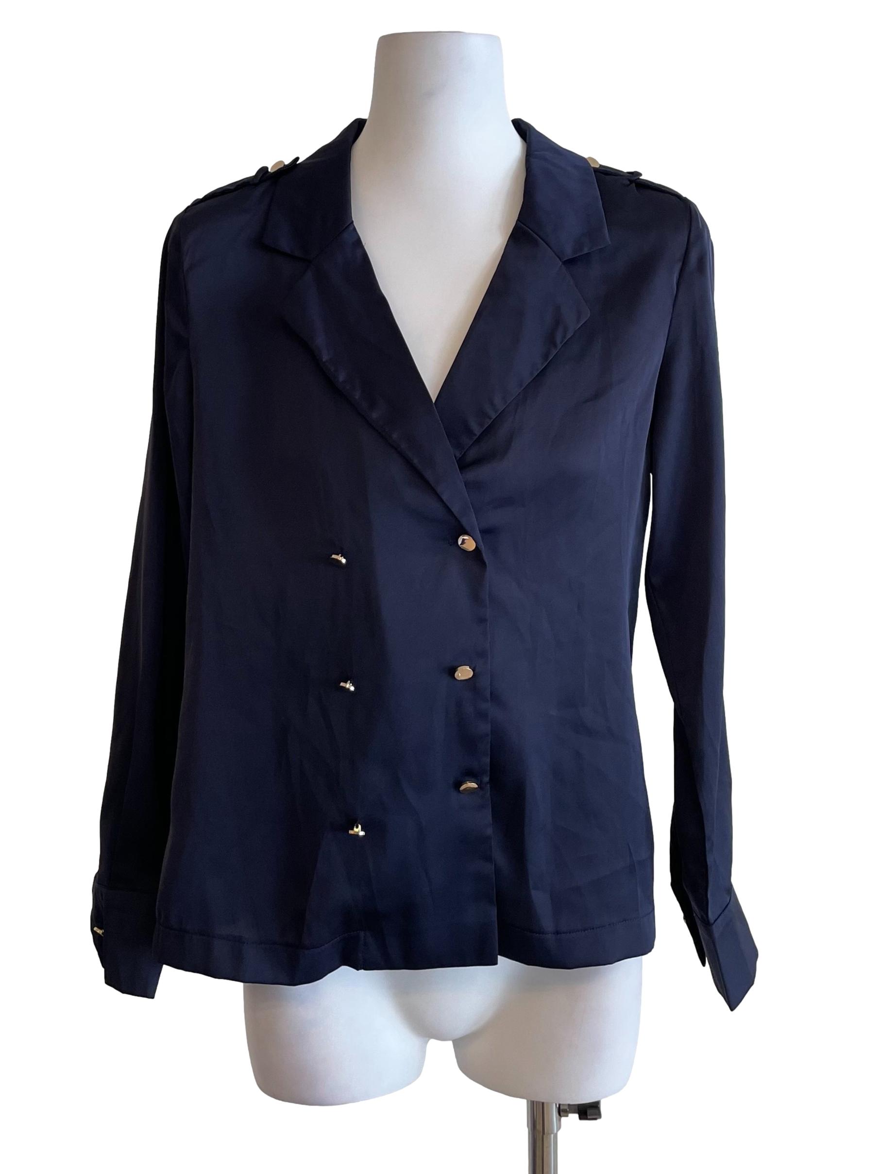 Navy Double Breast Satin Blouse
