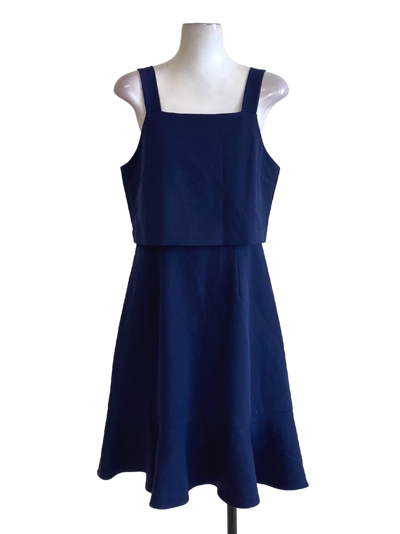 Navy Blue Square Neck Ruffle Hem A-Line Dress