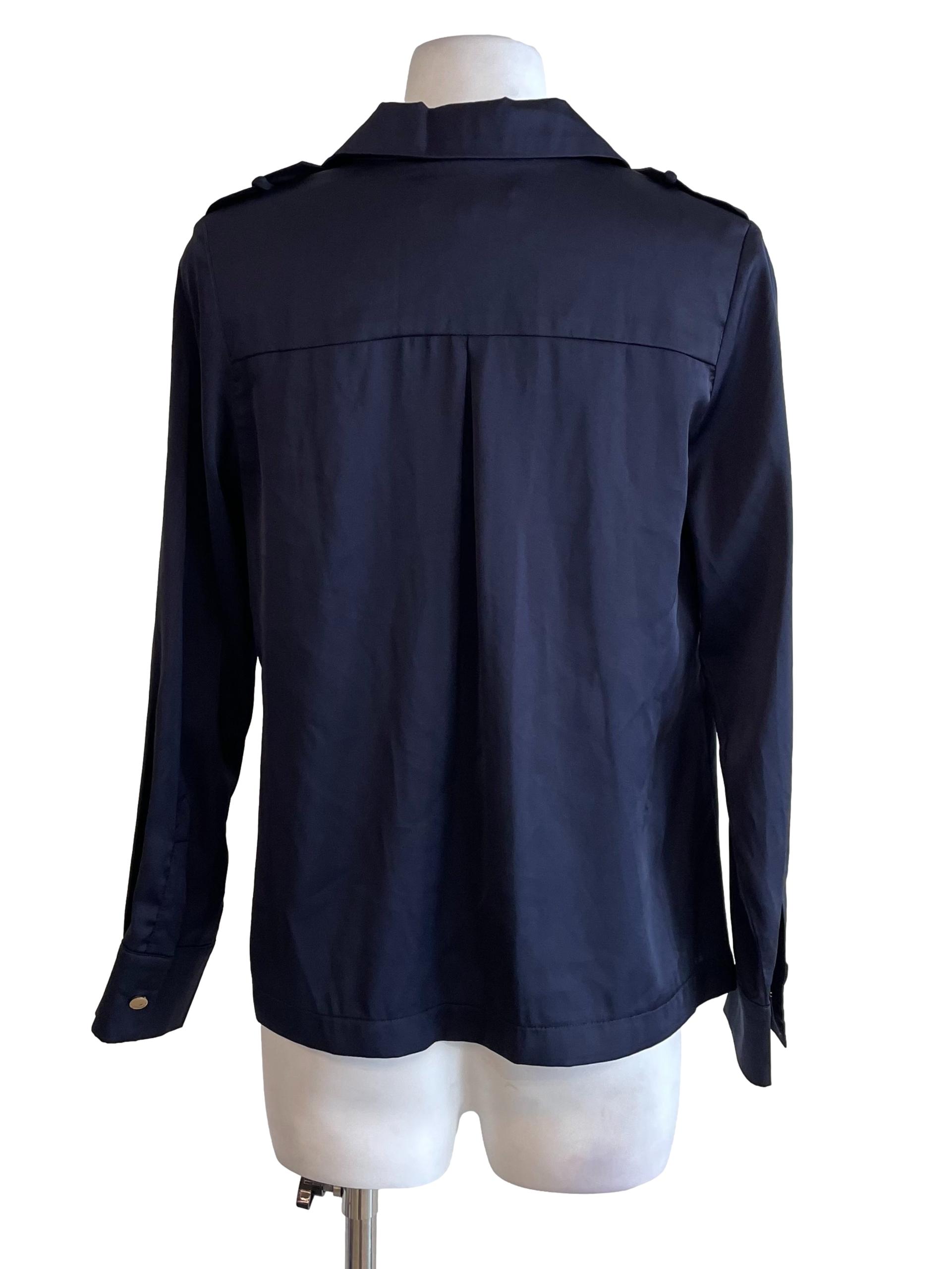 Navy Double Breast Satin Blouse