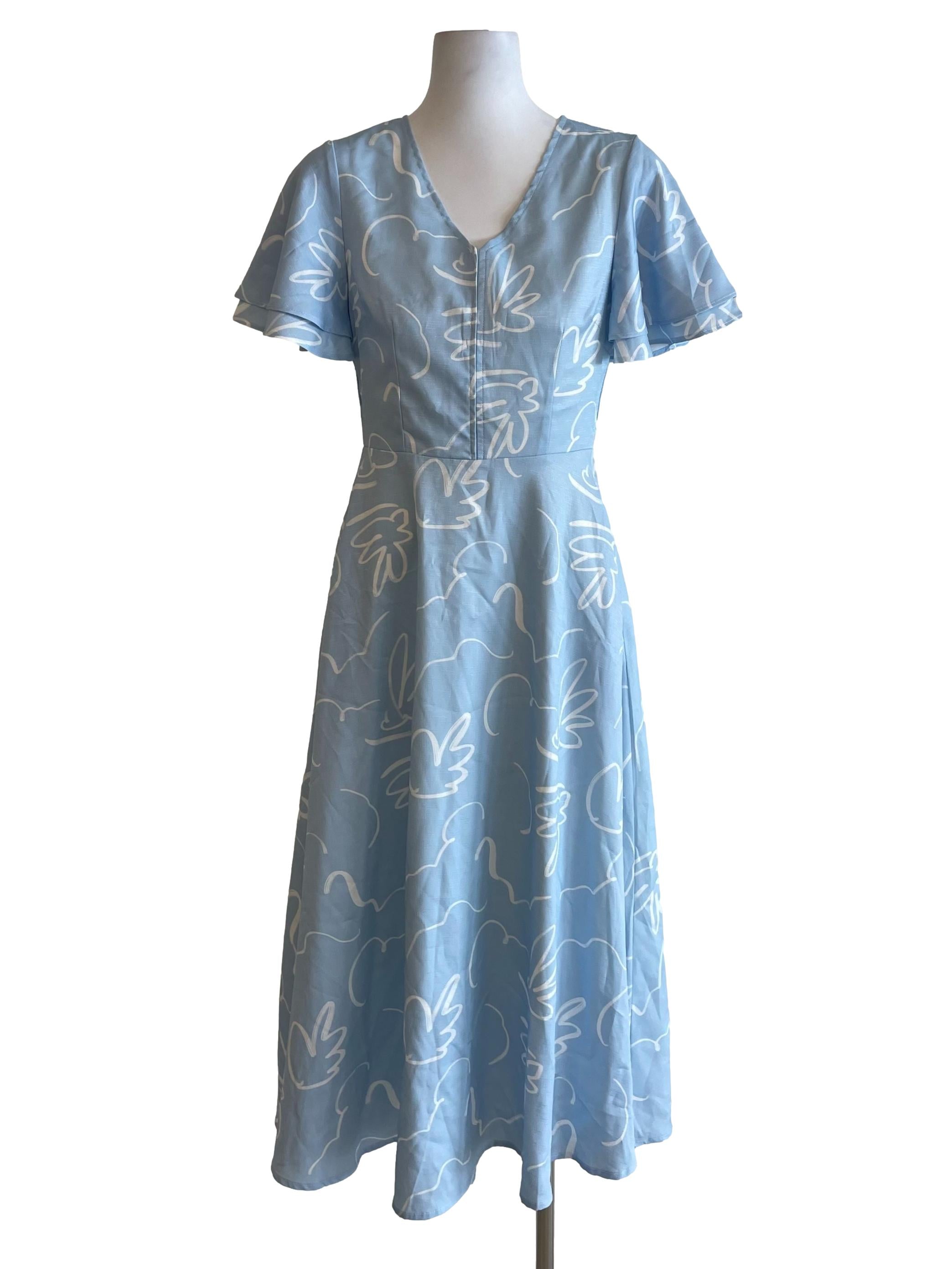 Light Blue Butterfly Sleeves V Neck Dress