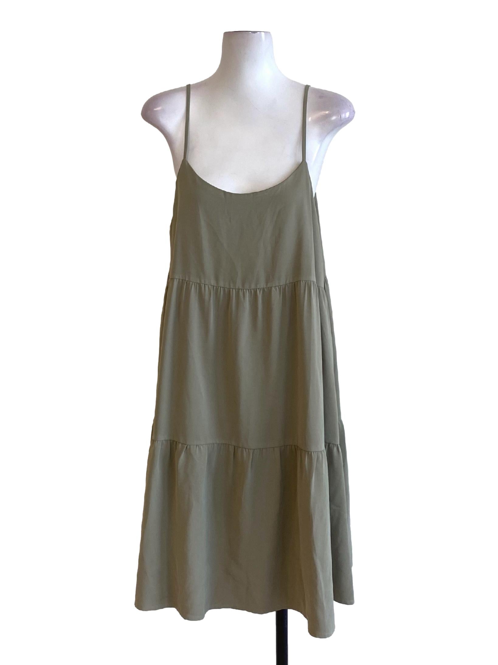 Crocodile Green Spaghetti Strap Scoop Neck Layered Slip Dress TTR
