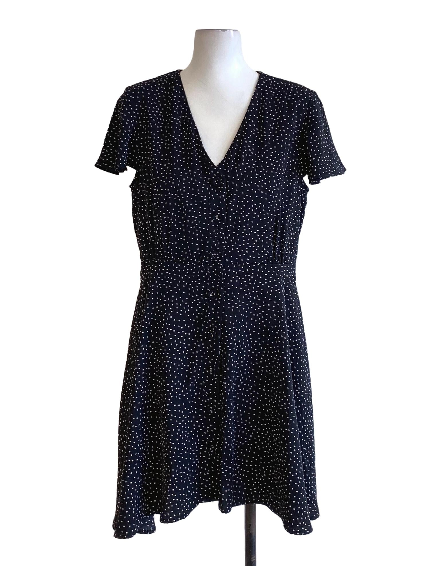 Matte Black Polka Dot V-Neck Short Sleeve Shirt Dress TTR