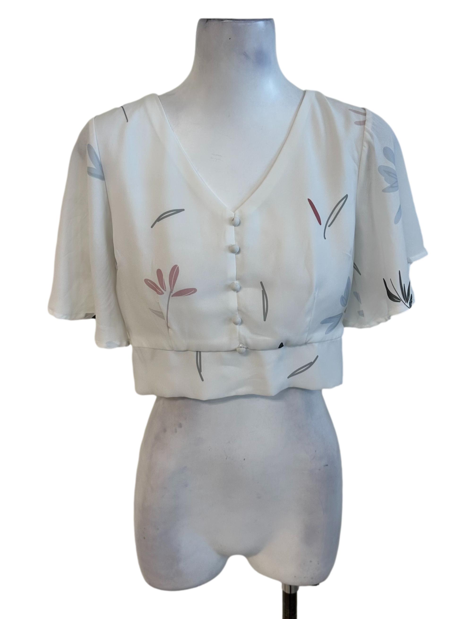 Ivory White V Neck Pattern Button Top