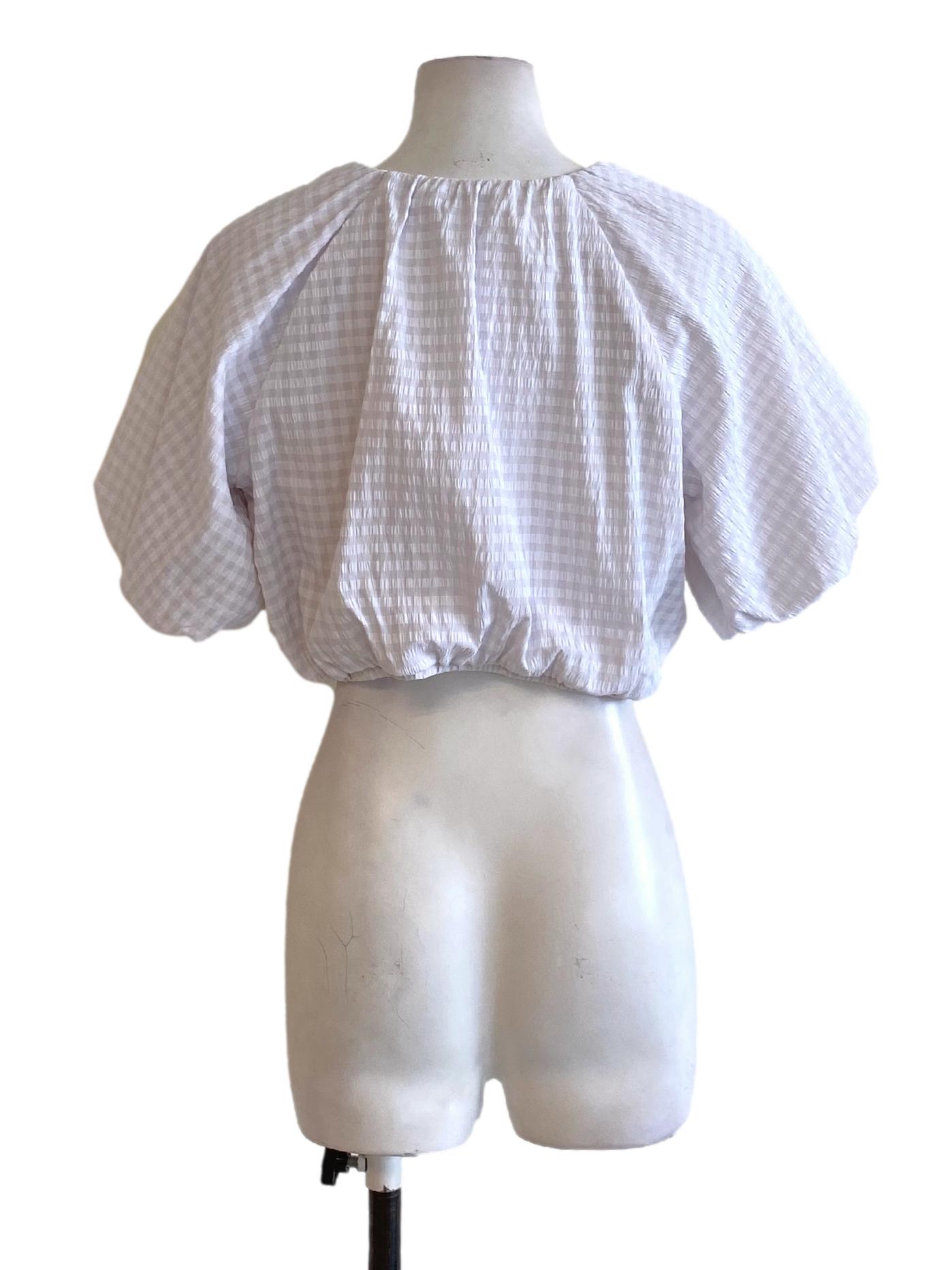 Flint Grey Plaid Textured Balloon Puffed Cropped Top LB