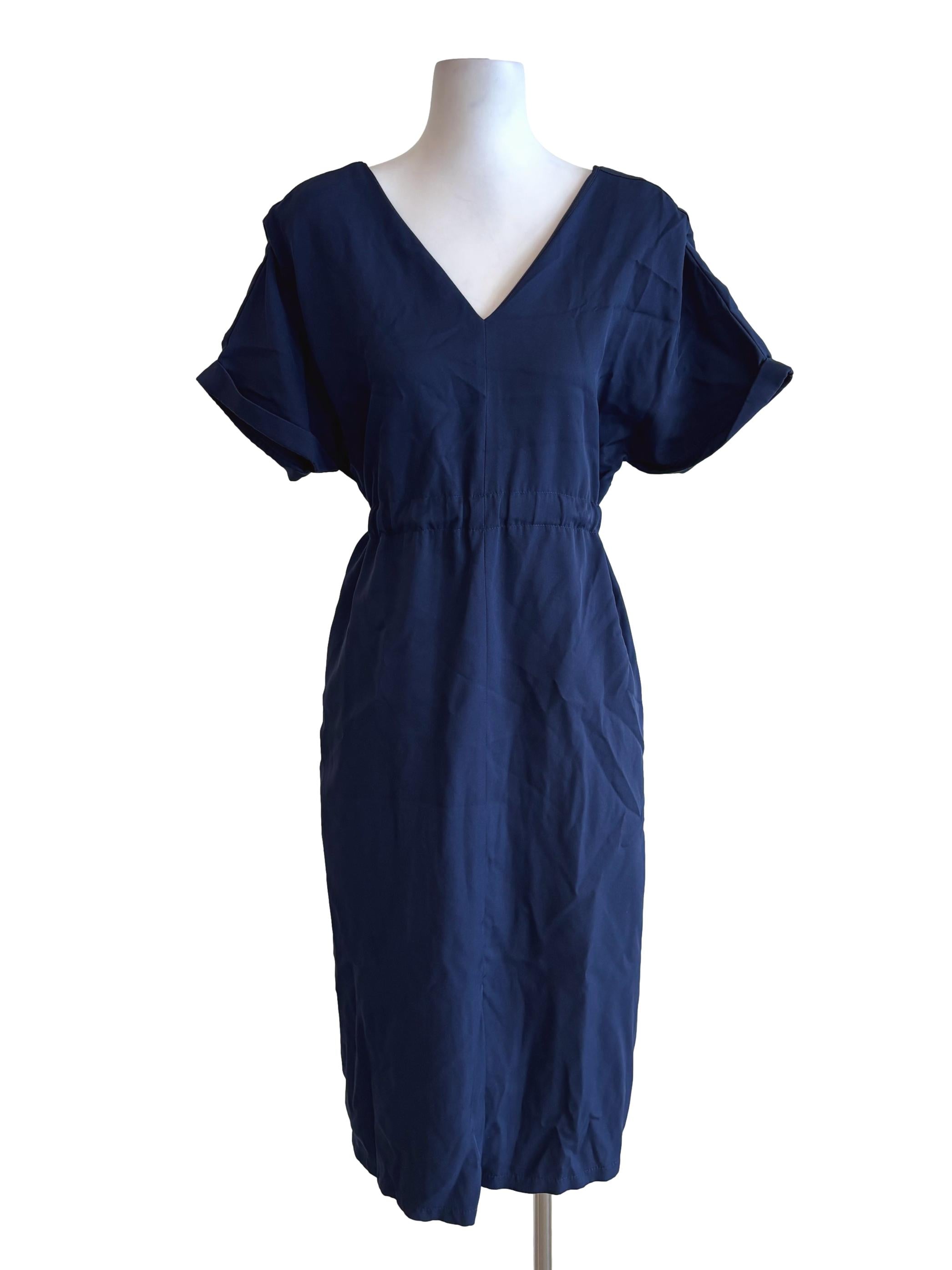 Navy Blue V-Neck Cinched Waist Dress