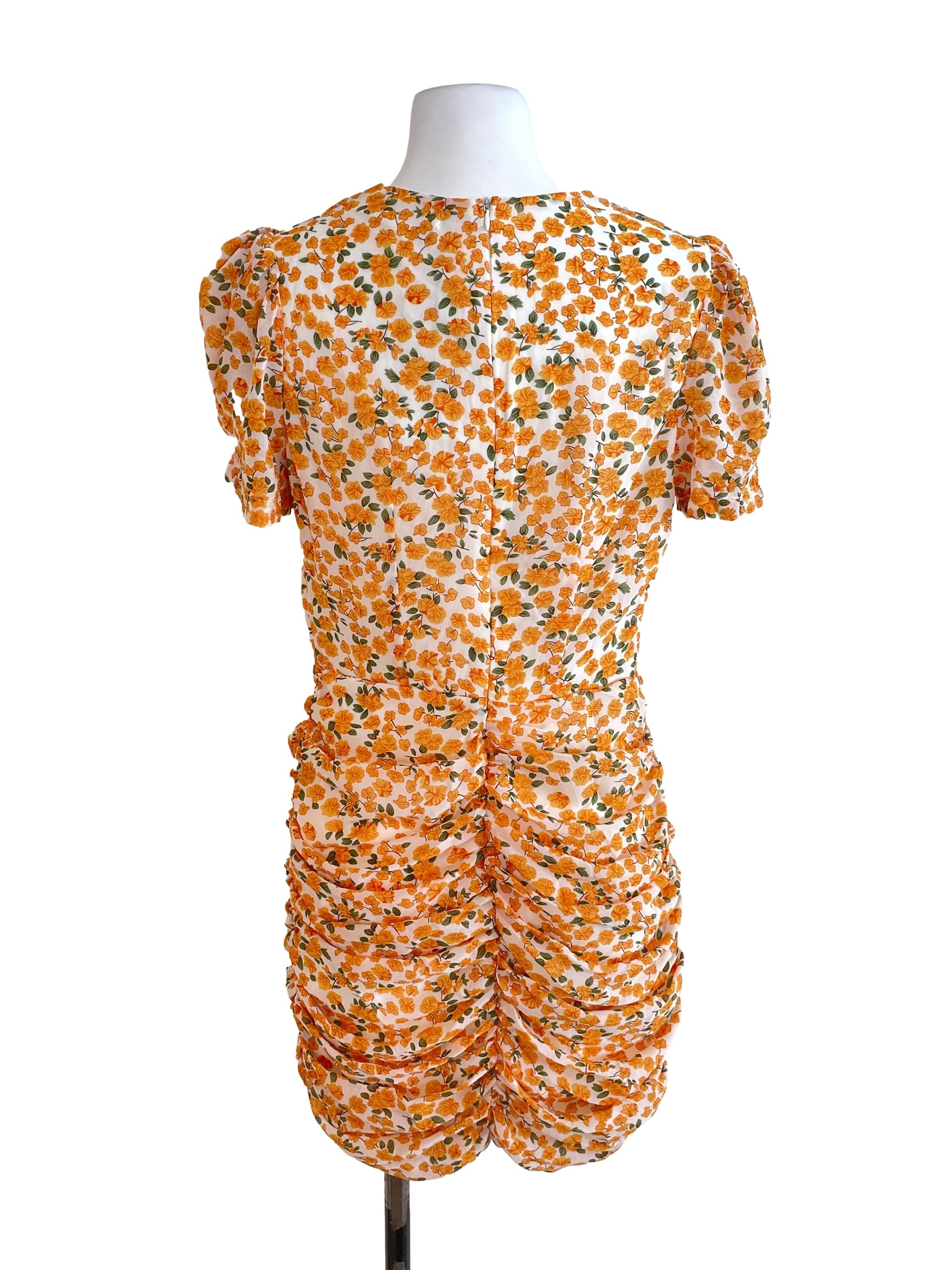 Orange Floral Ruched Dress