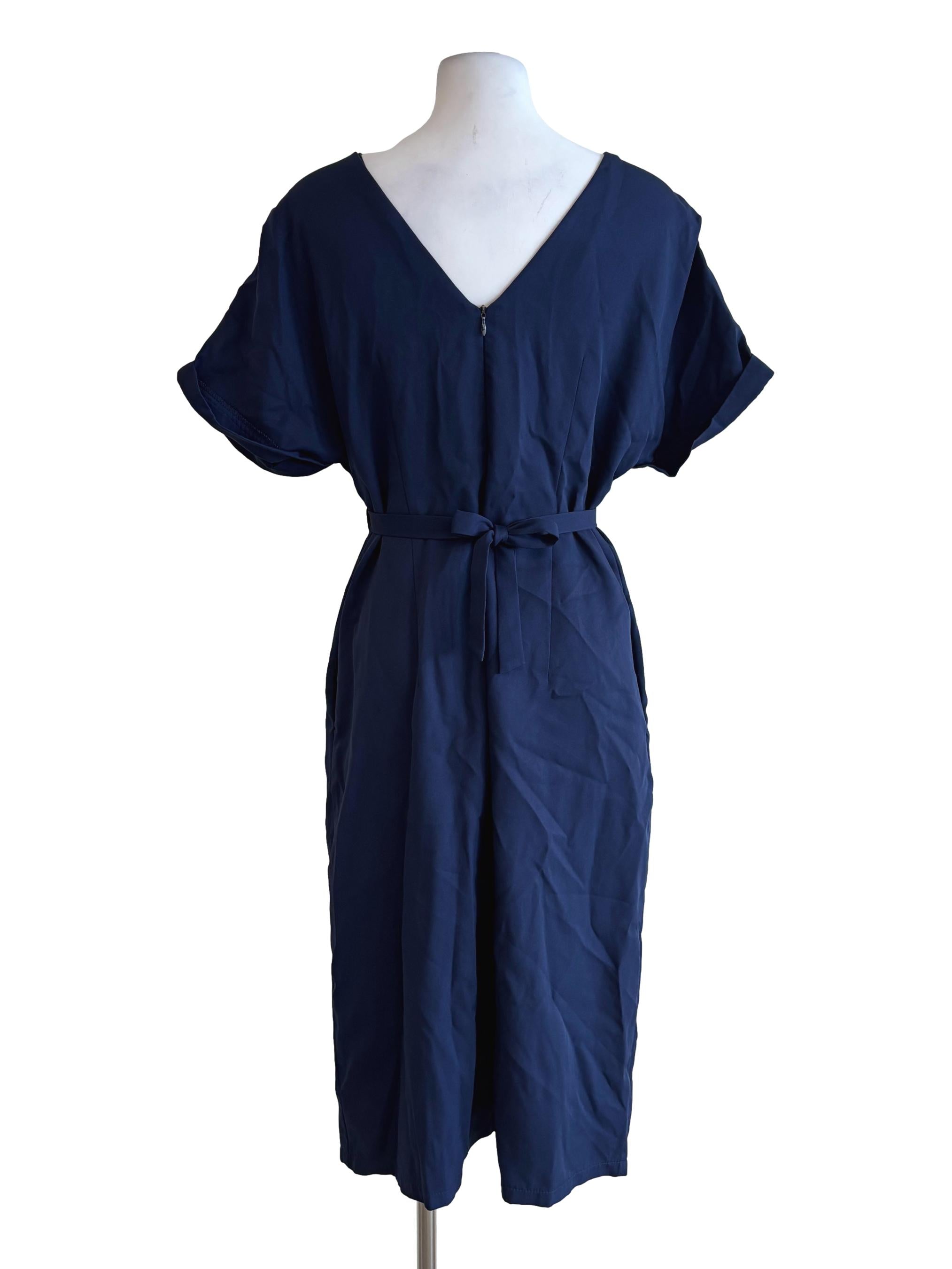 Navy Blue V-Neck Cinched Waist Dress