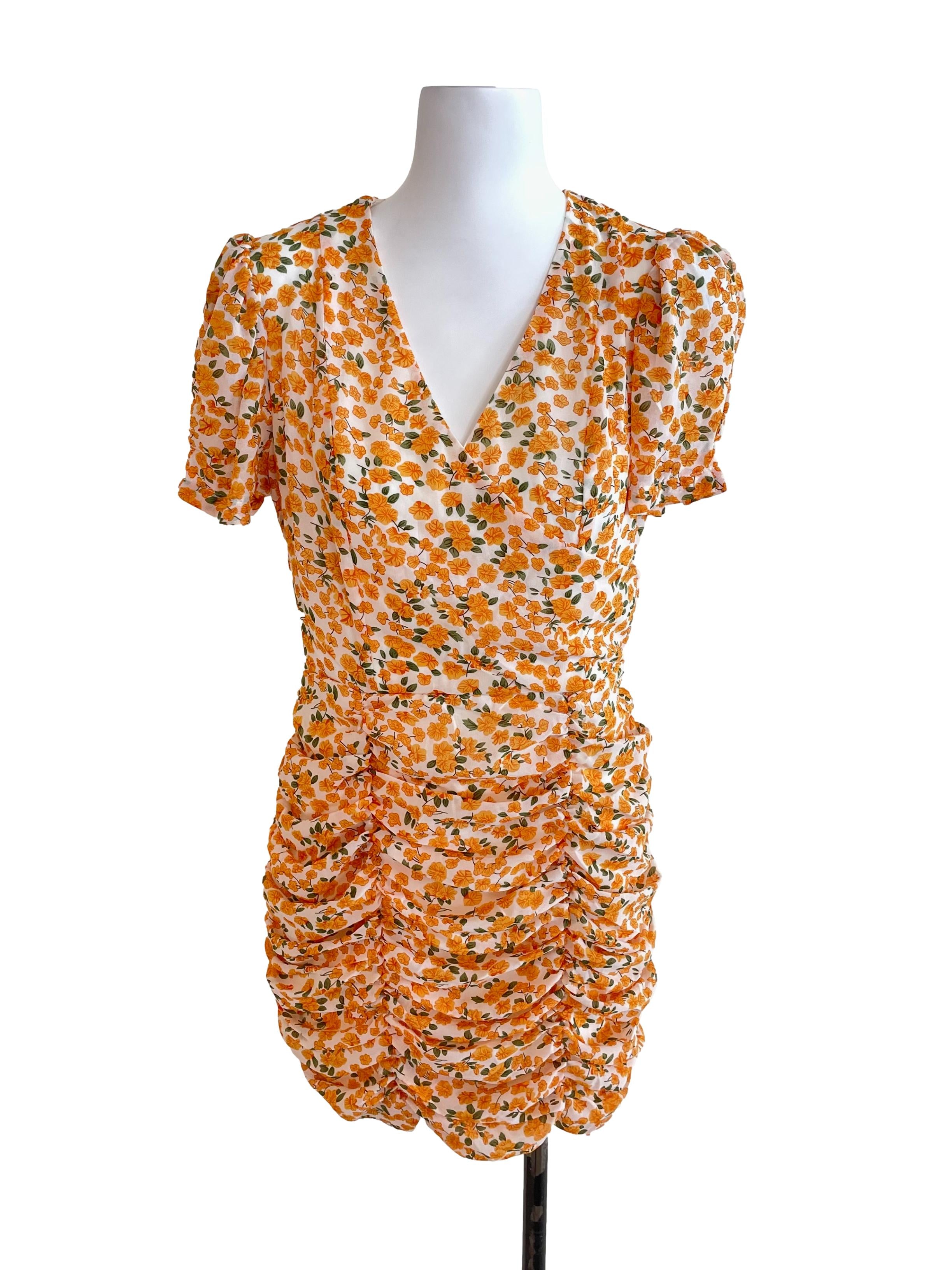 Orange Floral Ruched Dress