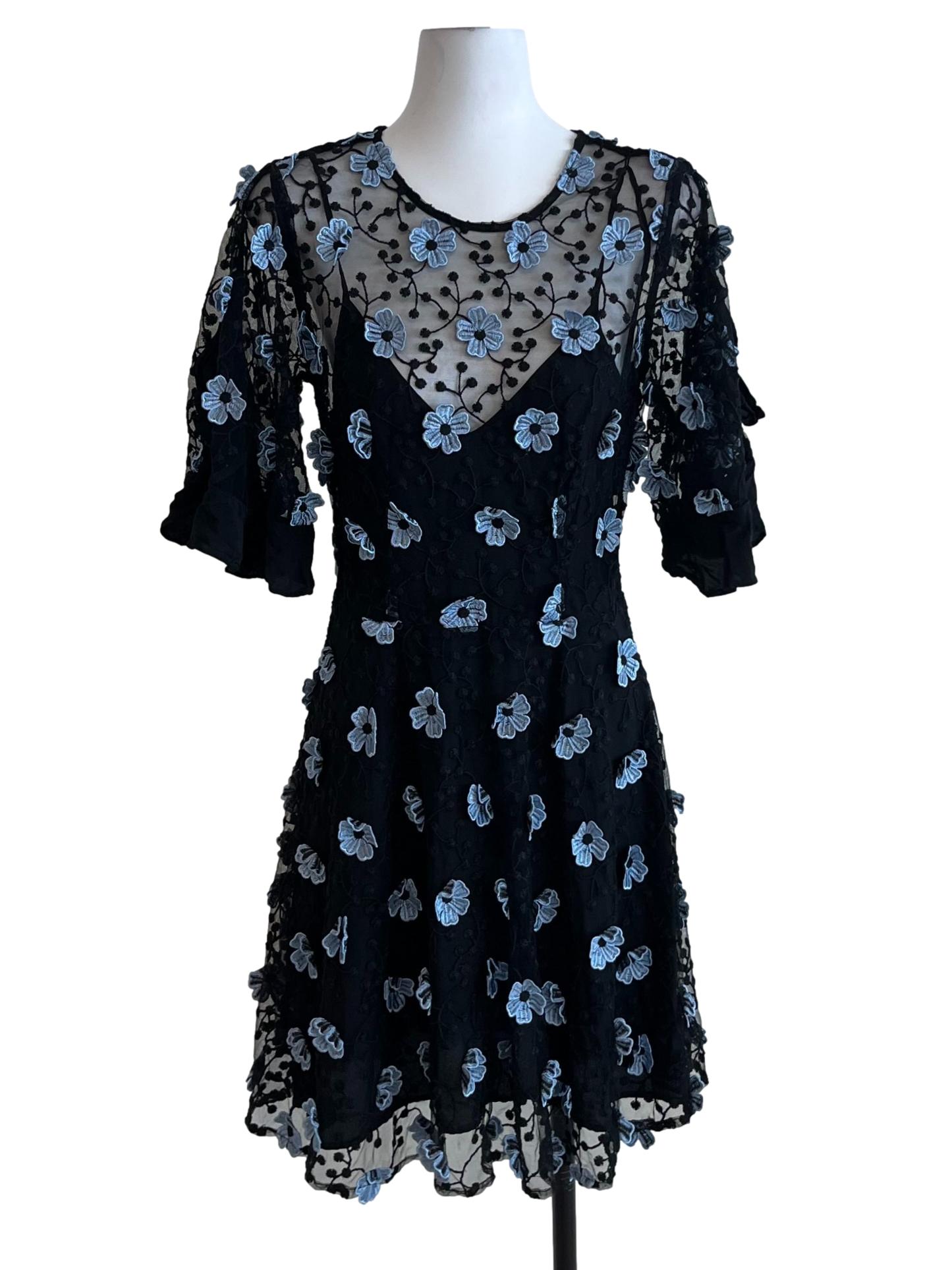 Black with 3D Blue Floral Appliques Crave You Mini Dress