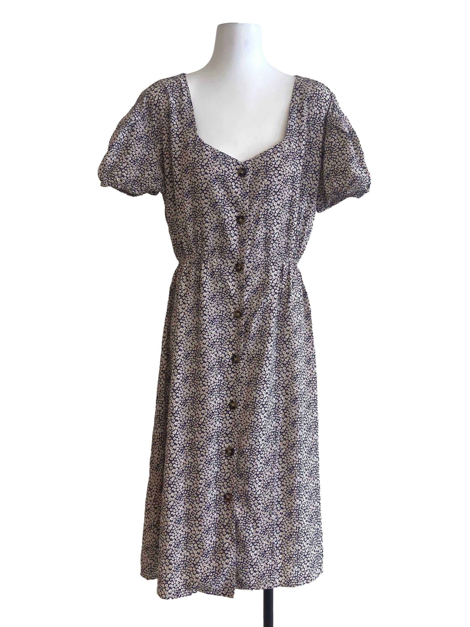 Navy Blue & Floral Button Down Shirt Dress