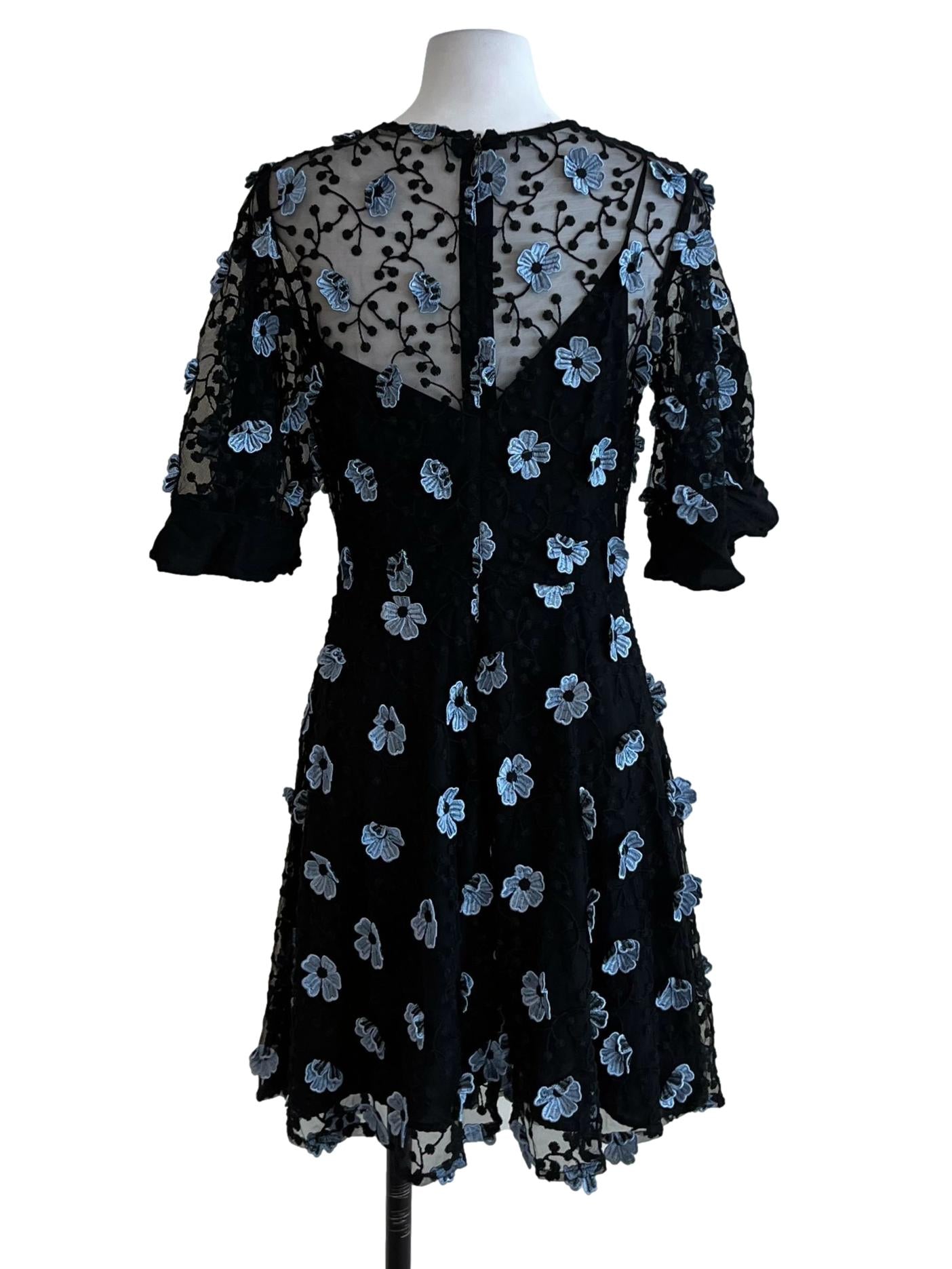 Black with 3D Blue Floral Appliques Crave You Mini Dress