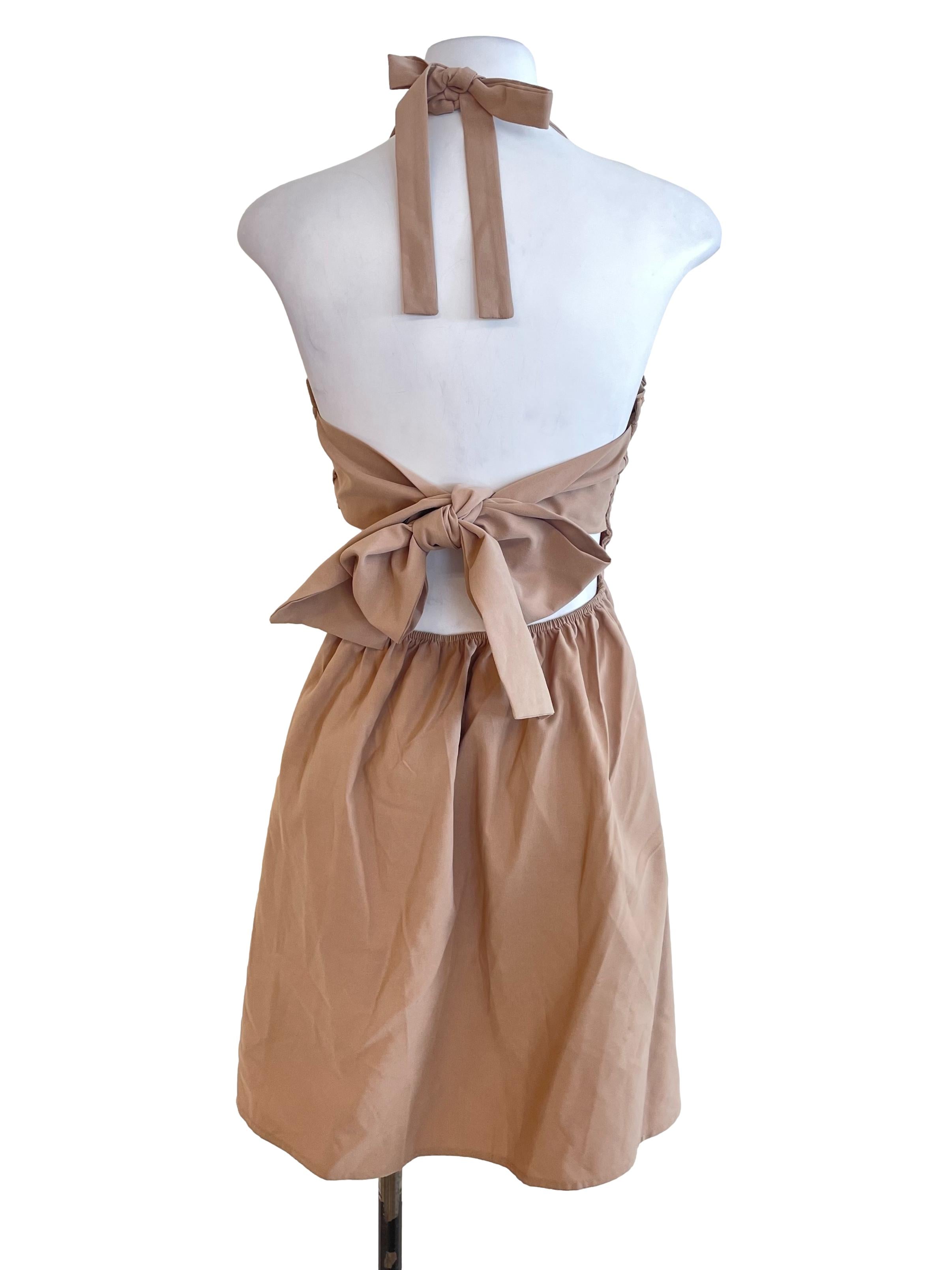 Khaki Brown Shirred Halter Neck Dress