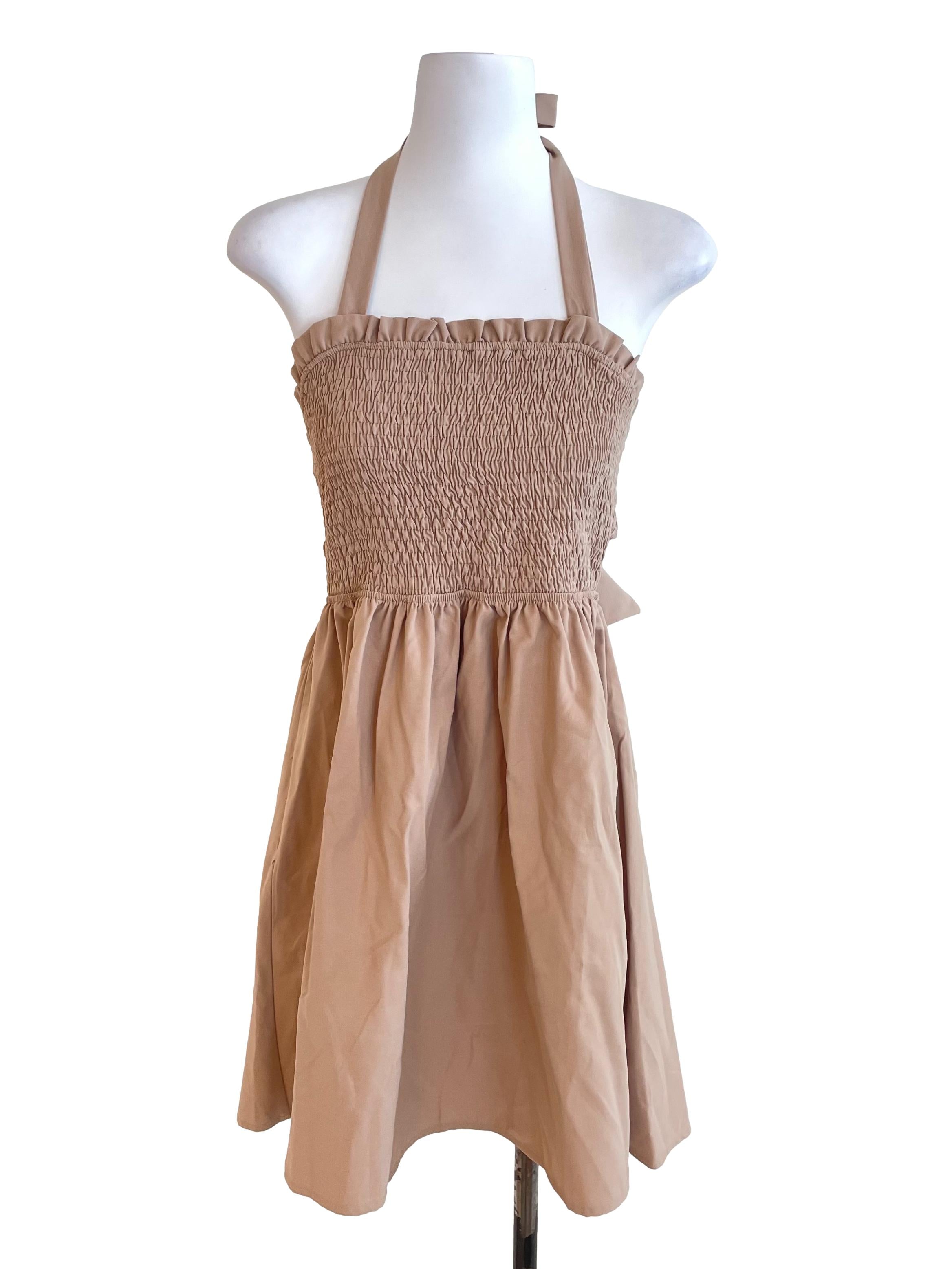 Khaki Brown Shirred Halter Neck Dress