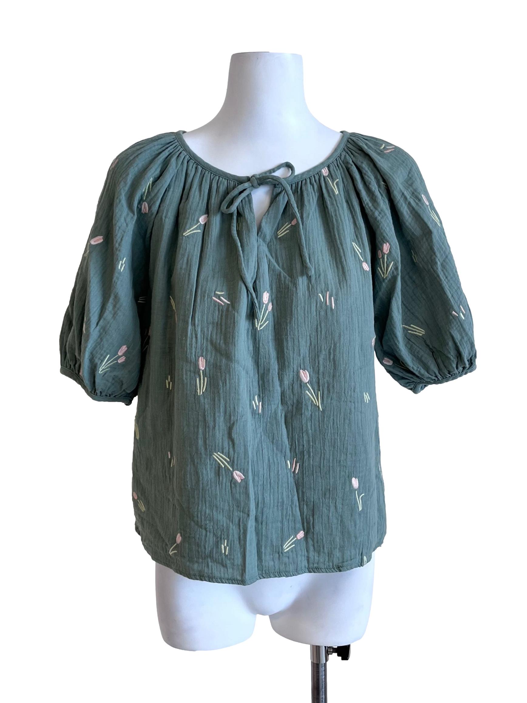 Sea Green Tulip Pattern Puff Sleeve Blouse
