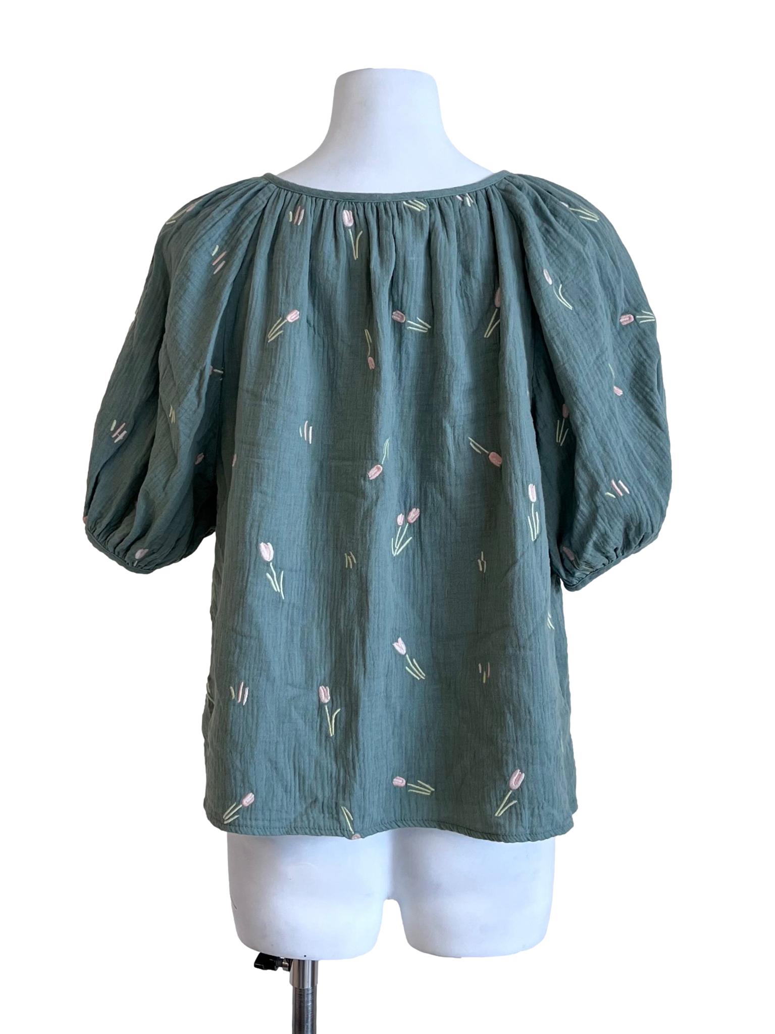 Sea Green Tulip Pattern Puff Sleeve Blouse