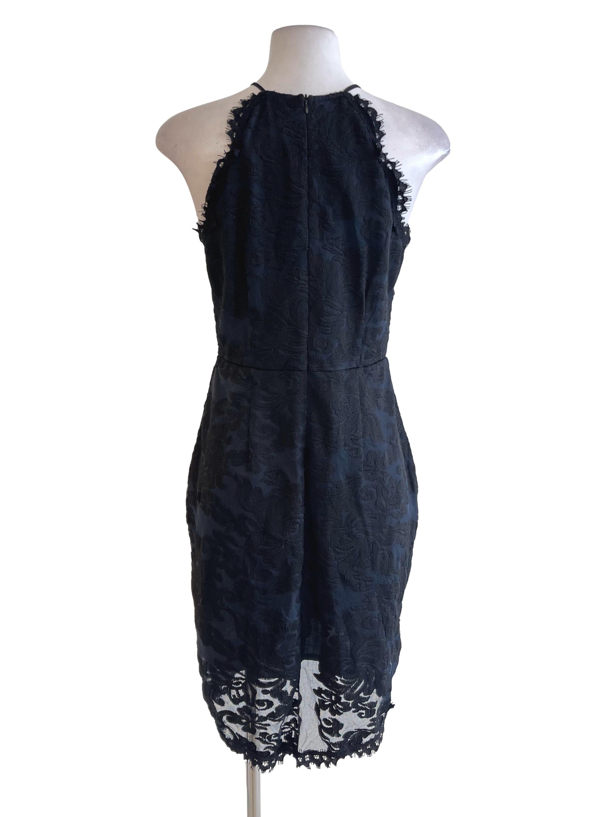 Blue Black Floral Lace Halter Neck Dress