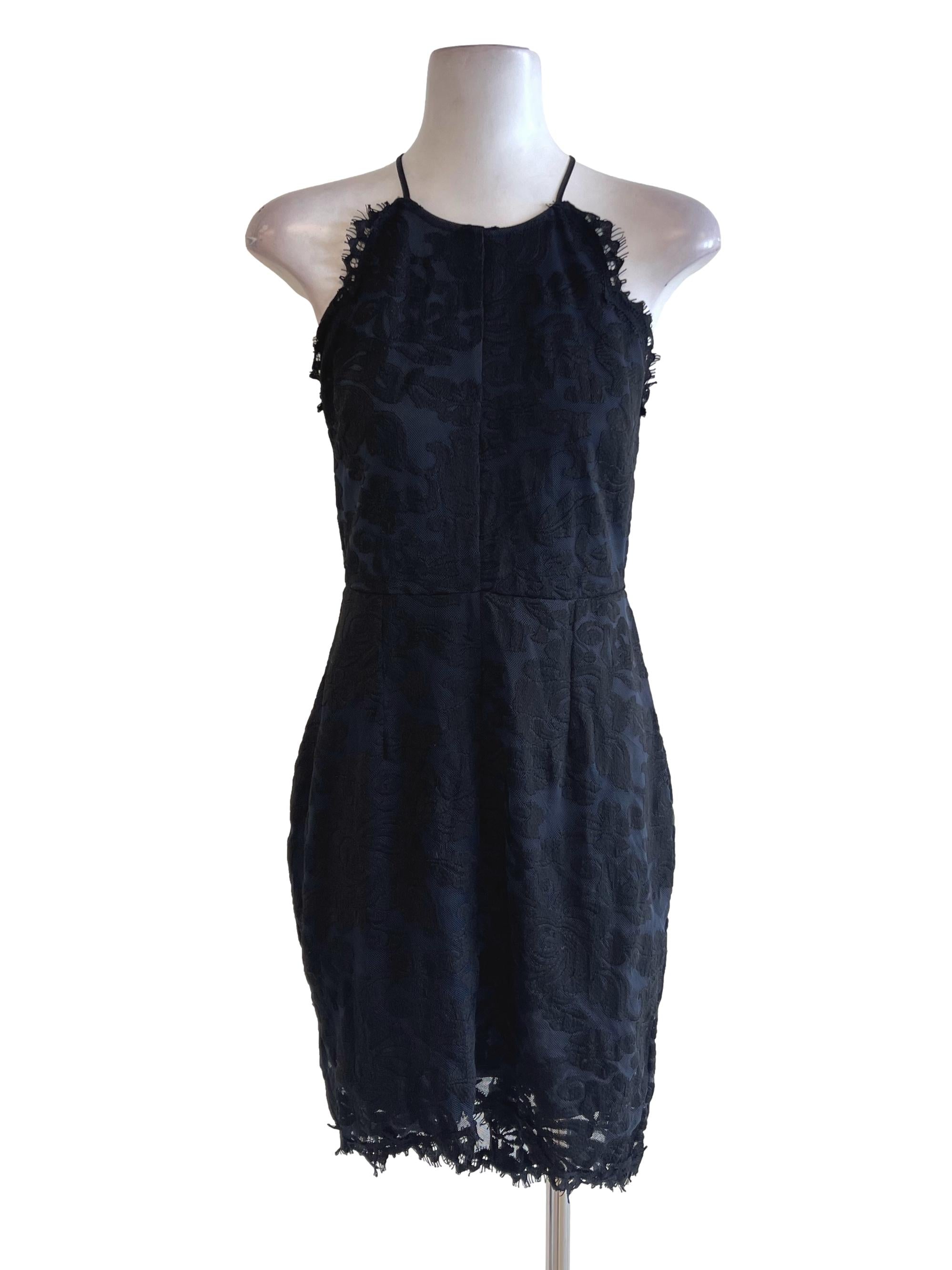 Blue Black Floral Lace Halter Neck Dress