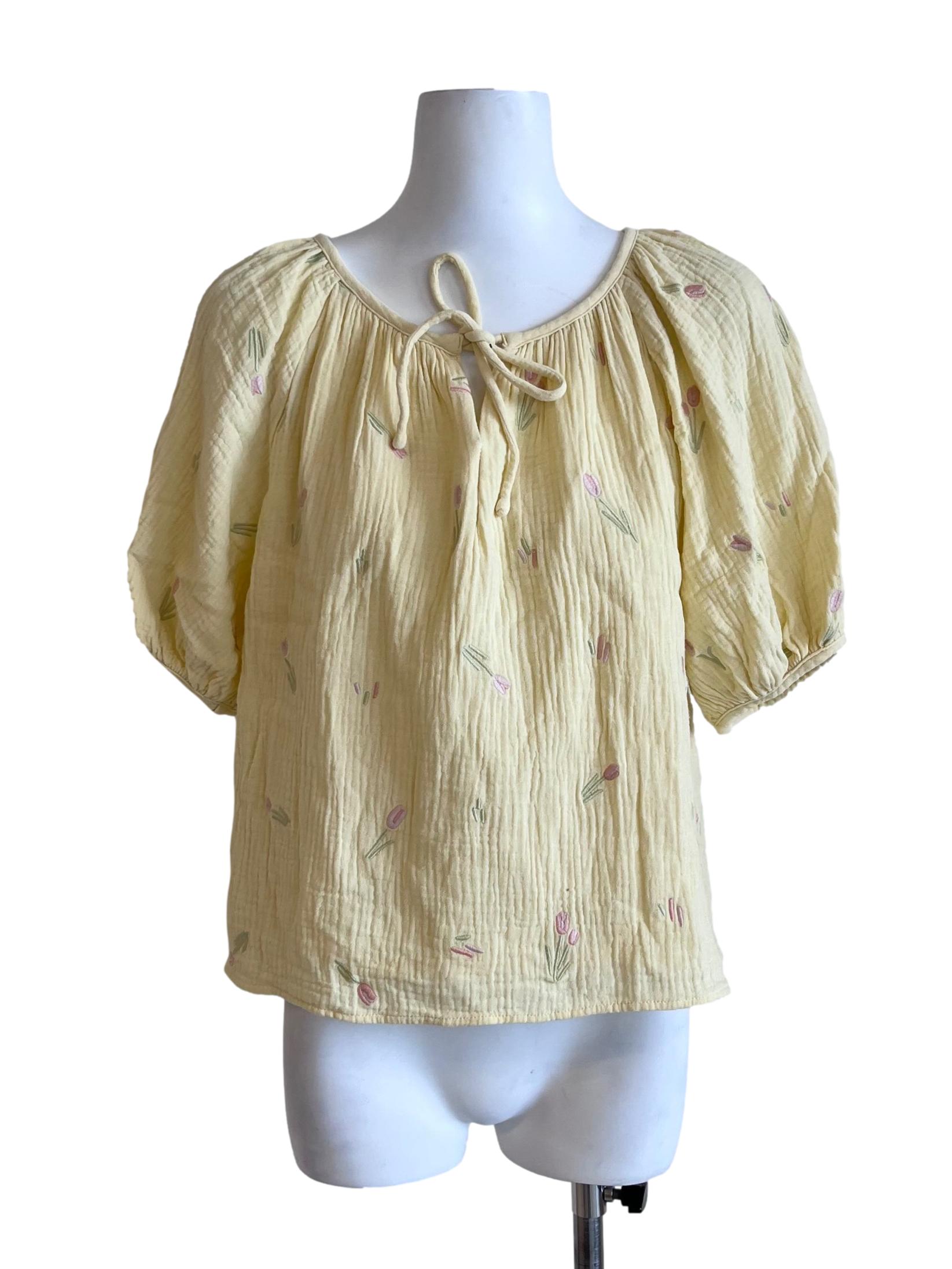 Lemon Yellow  Tulip Pattern Puff Sleeve Blouse