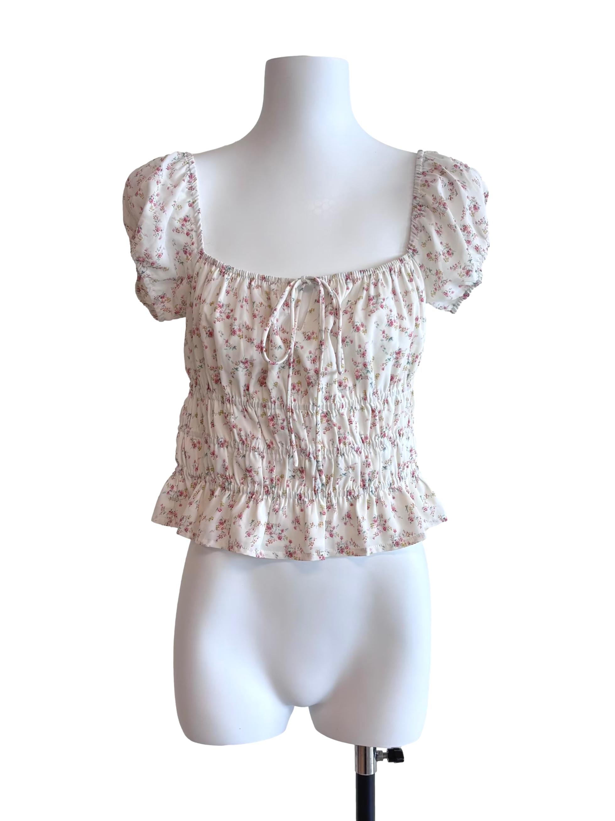 Cream Floral Shirred Babydoll Top
