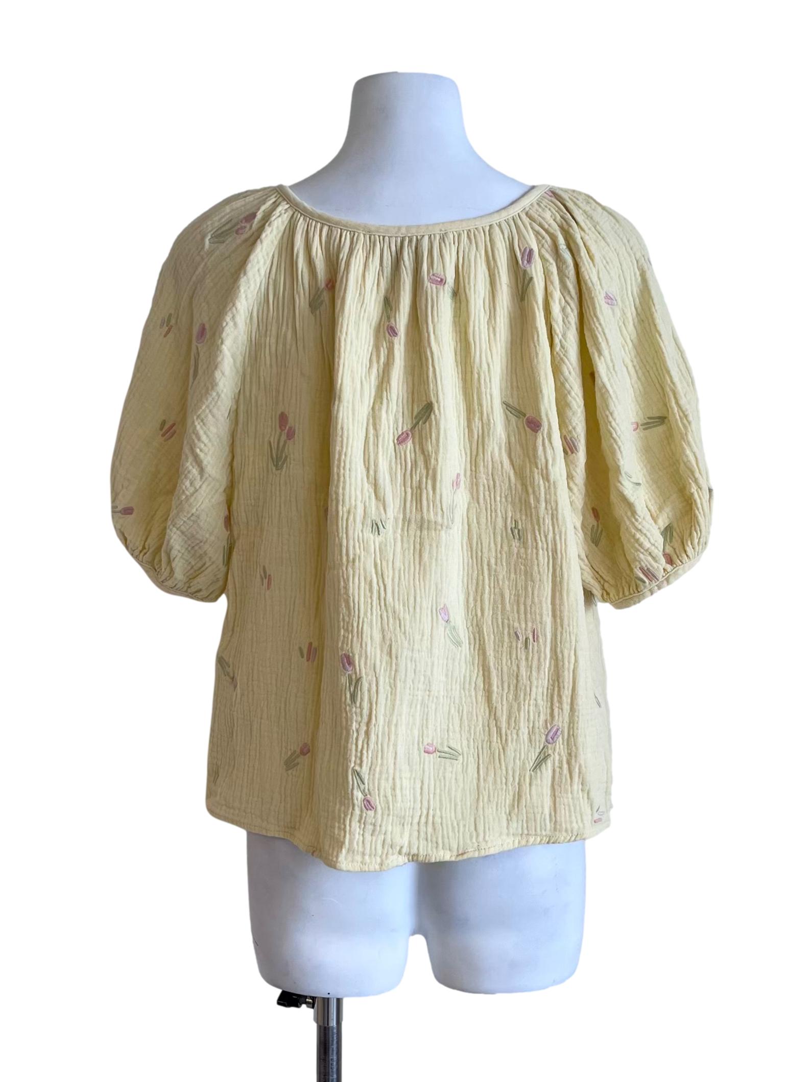 Lemon Yellow  Tulip Pattern Puff Sleeve Blouse
