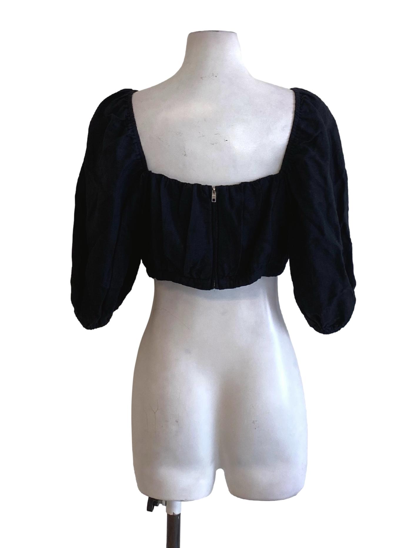 Rich Black Square Neck Peasant Cropped Top LB