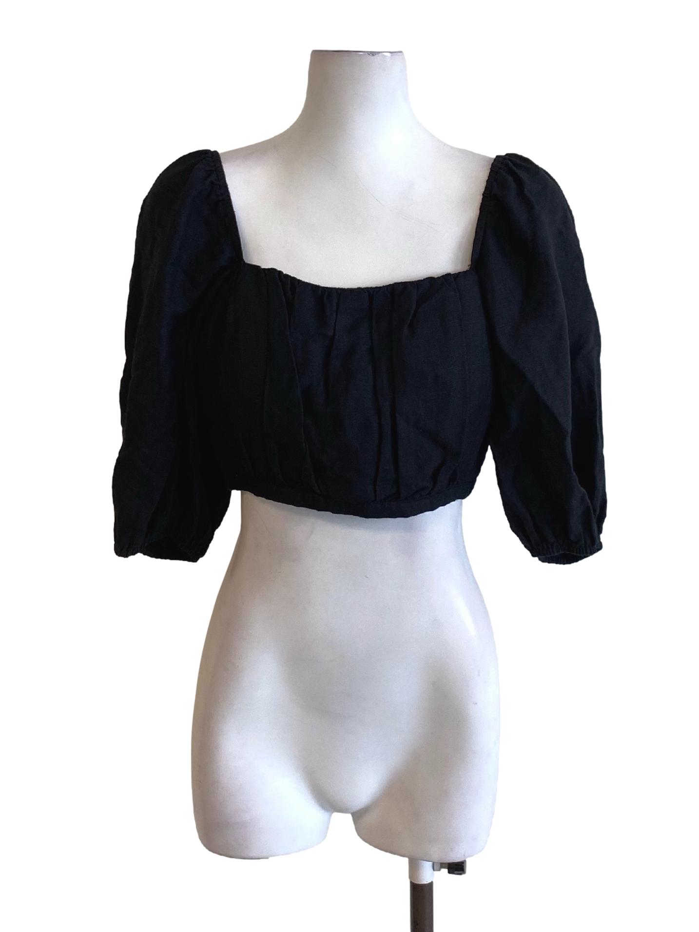 Rich Black Square Neck Peasant Cropped Top LB