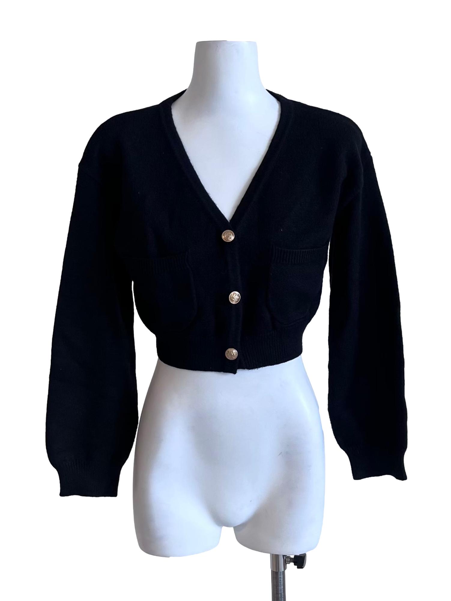 Black Cropped Cardigan With Gold Buttons