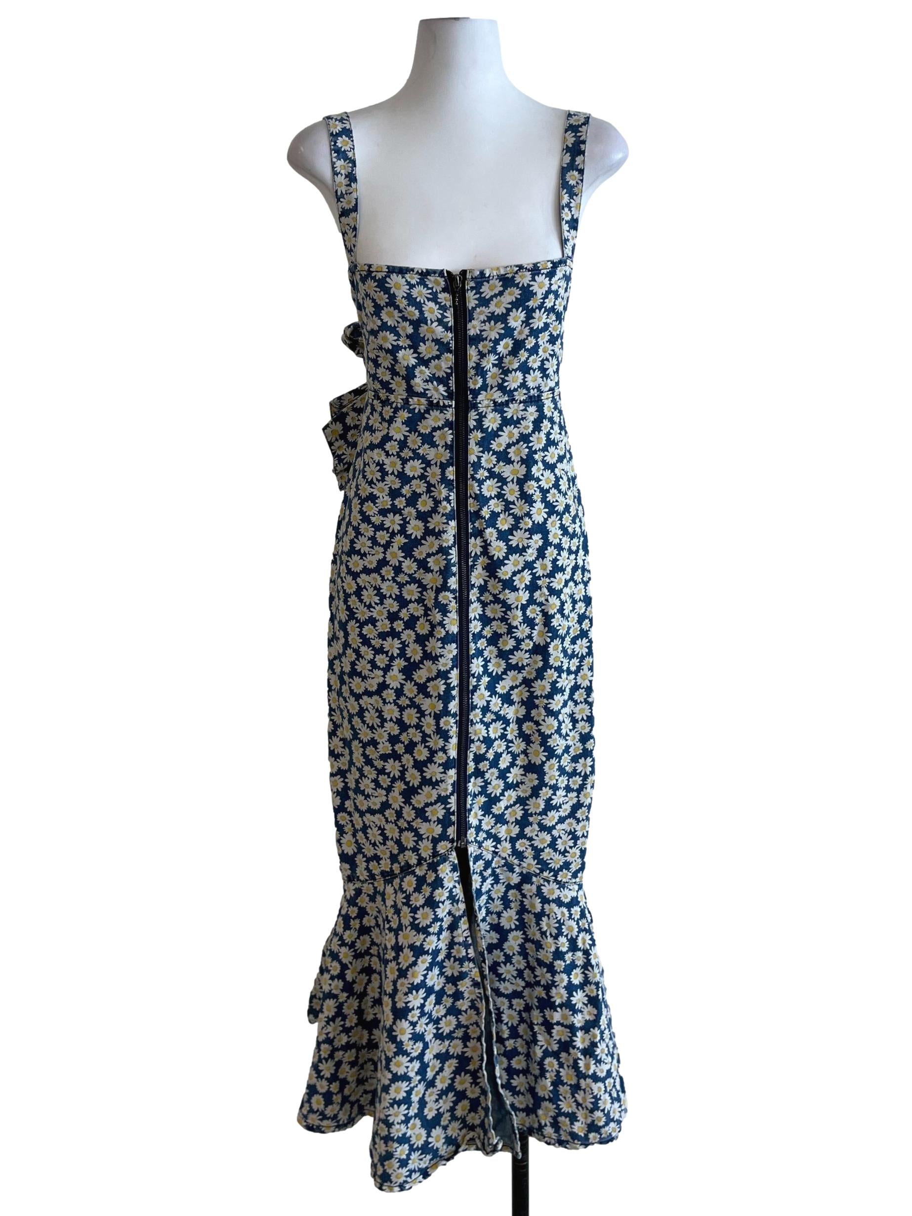 Blue Denim Floral Zip Front Dress