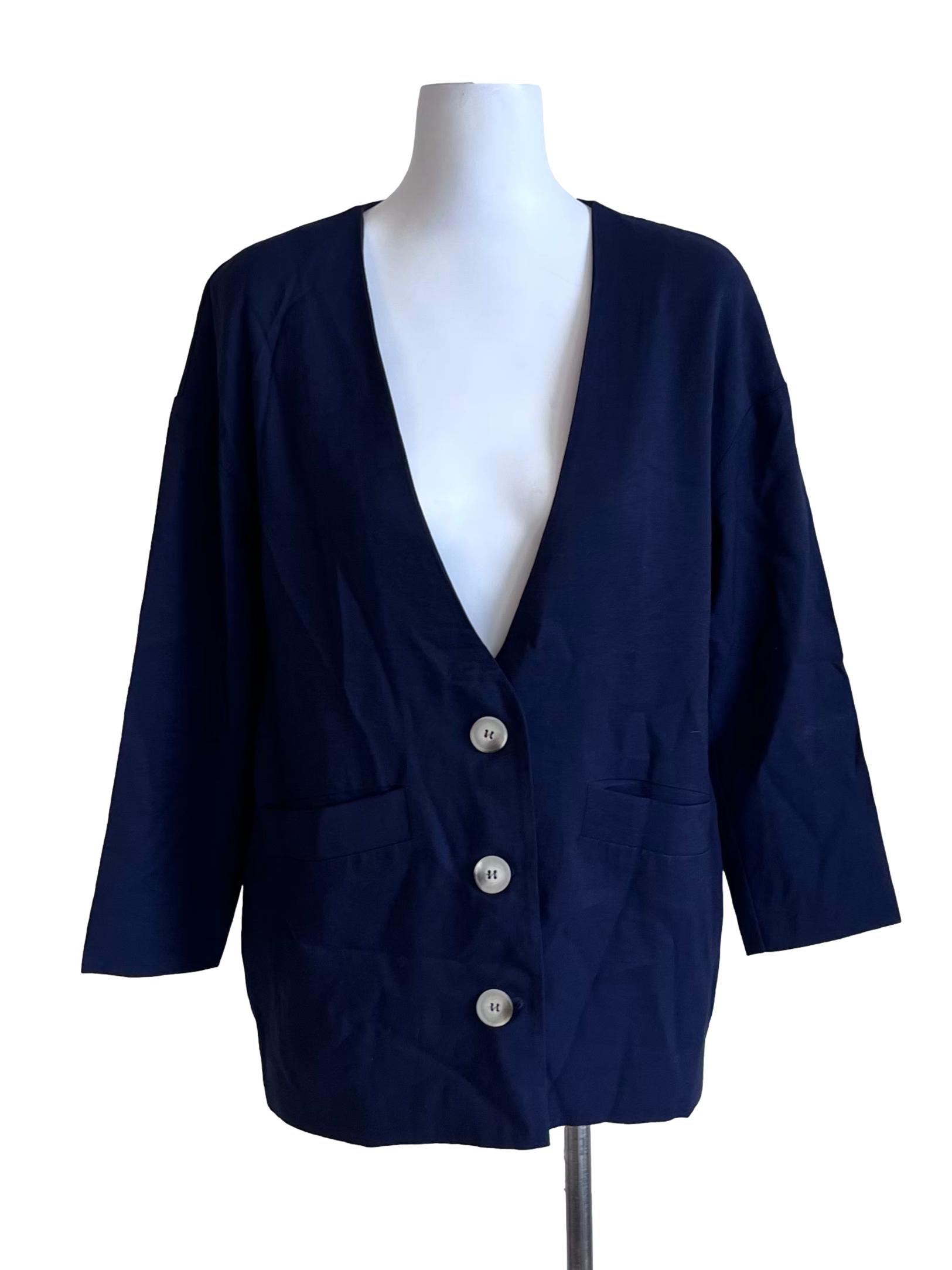 Navy Blue V-Neck Cardigan With Front Pockets