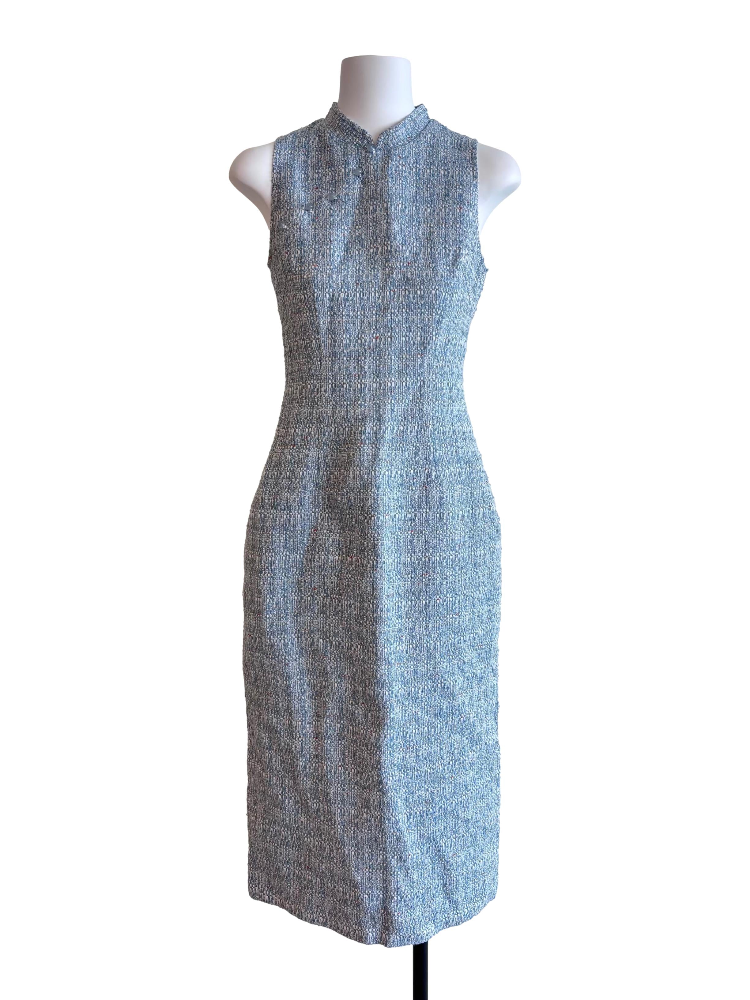 Light Blue Tweed Pattern Cheongsam Dress