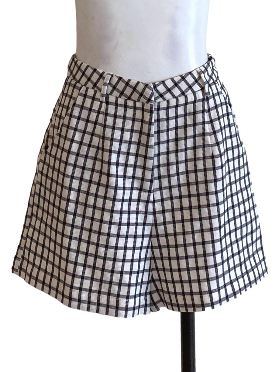 Matte Black Plaid Buttoned Waist Tailored Shorts