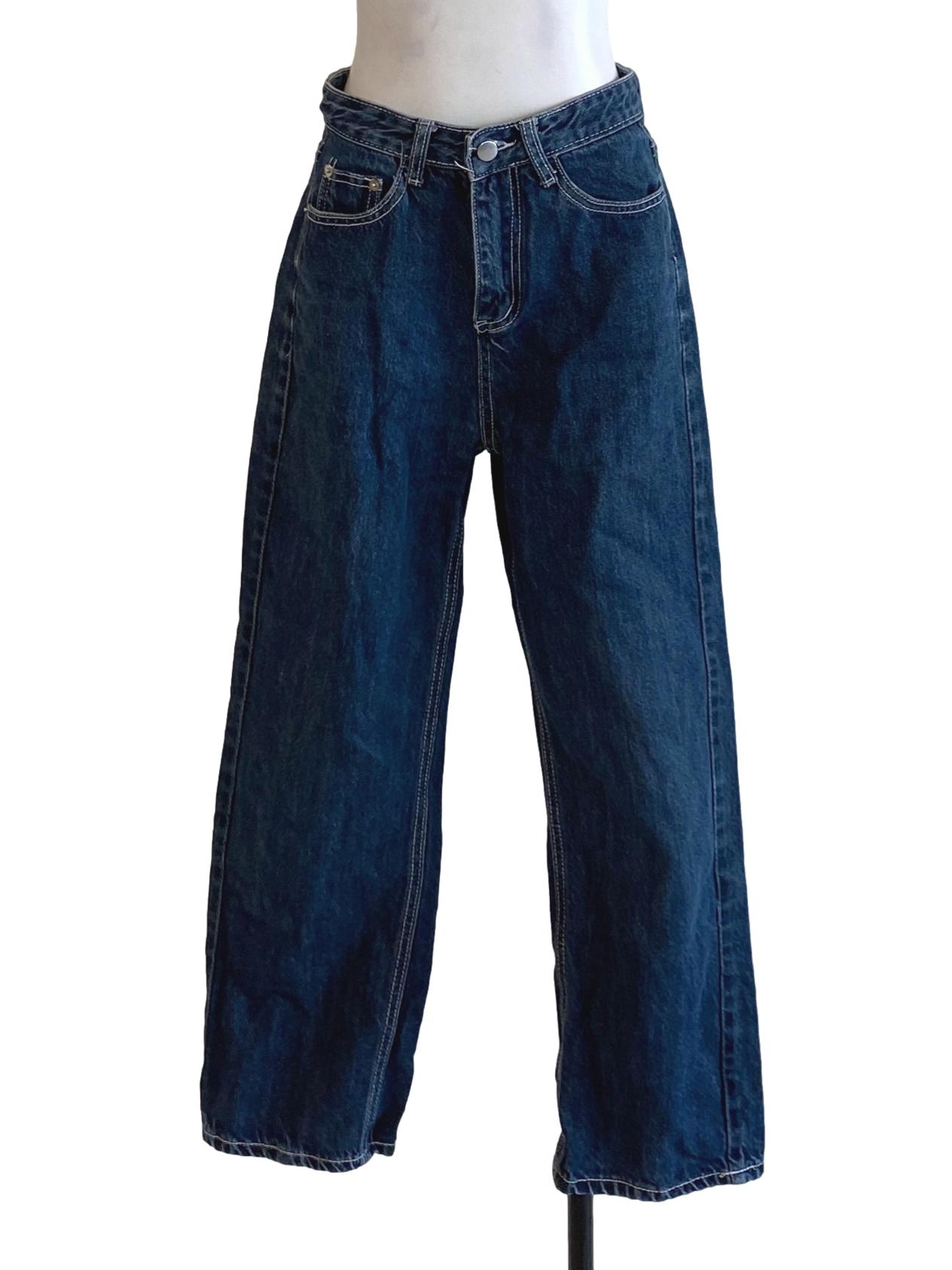 Denim Blue Buttoned Waist Straight Jeans