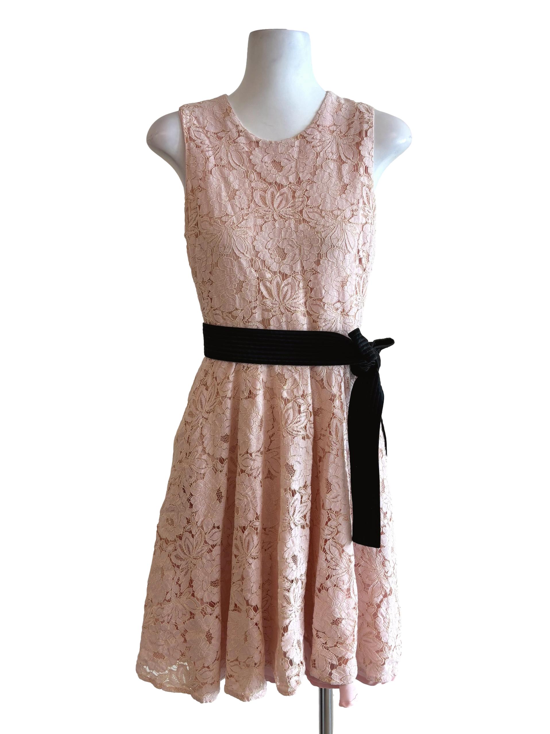 Baby Pink Black Belt Lace Dress