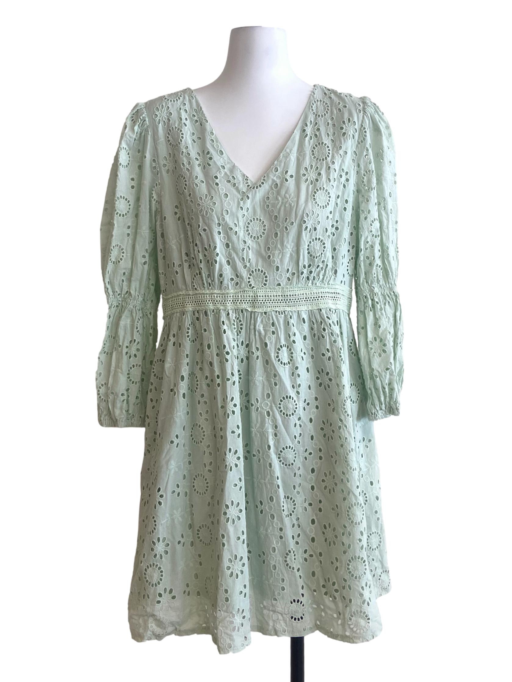 Mint Green Floral Embroidery A-Line Dress