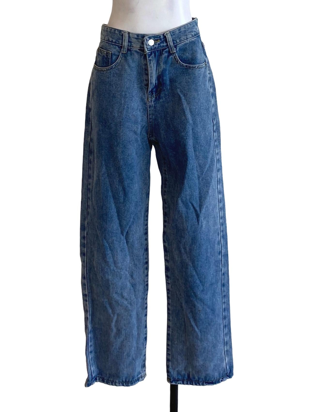 Denim Blue Buttoned Waist Fit Straight Jeans
