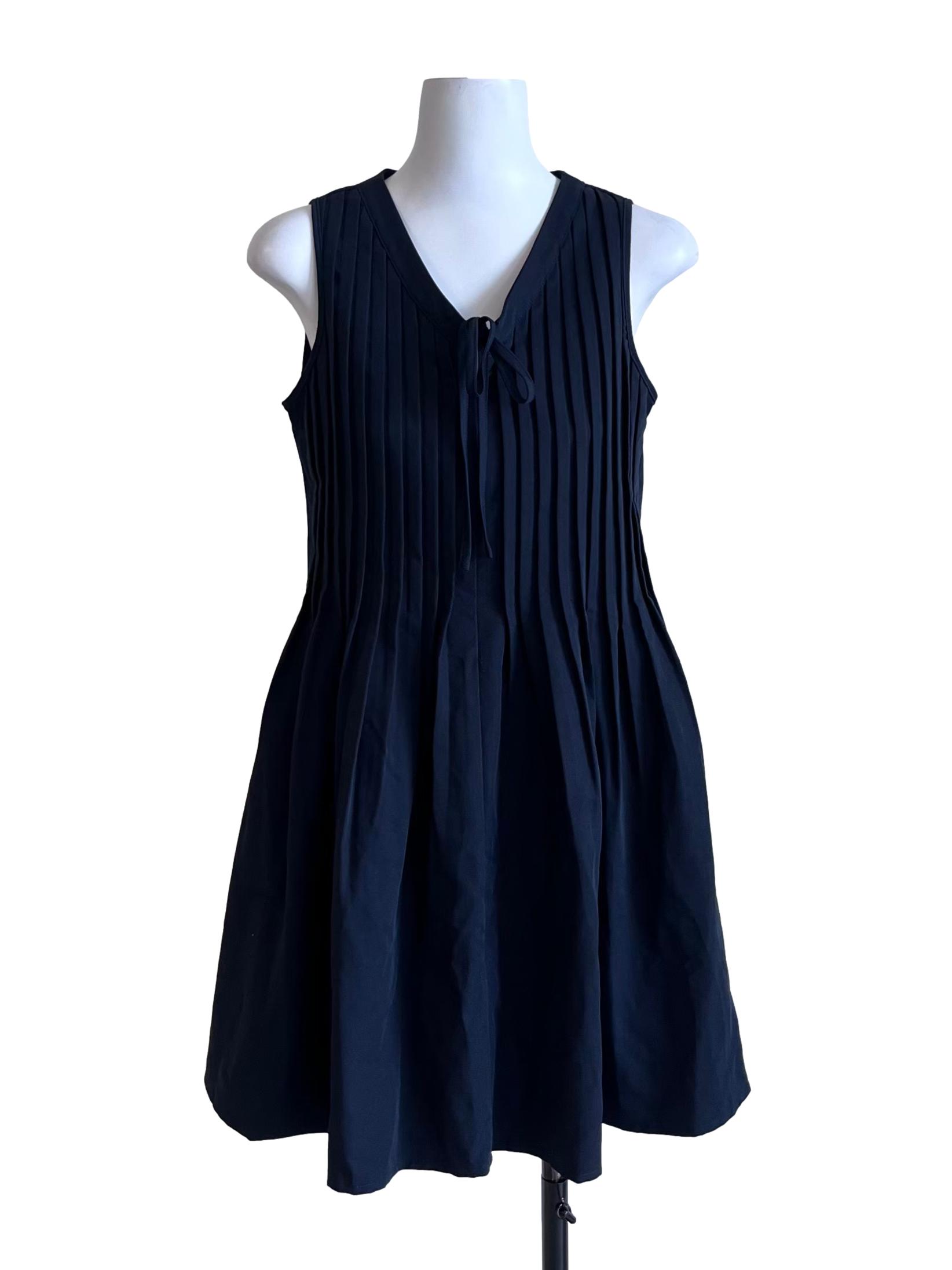 Navy Blue V Neck Pleated Mini Dress