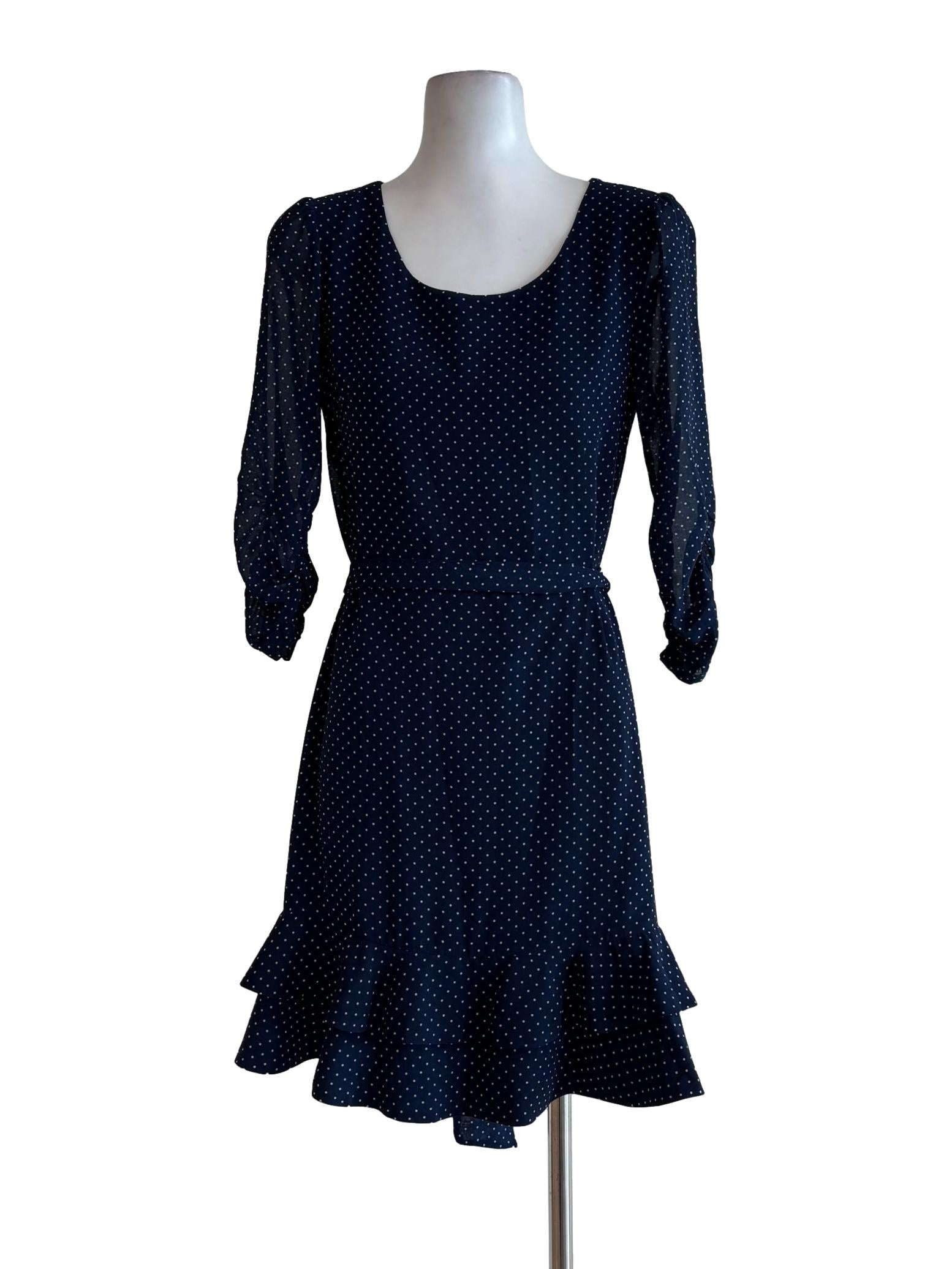 Navy Blue Longsleeve Polka Dot Dress