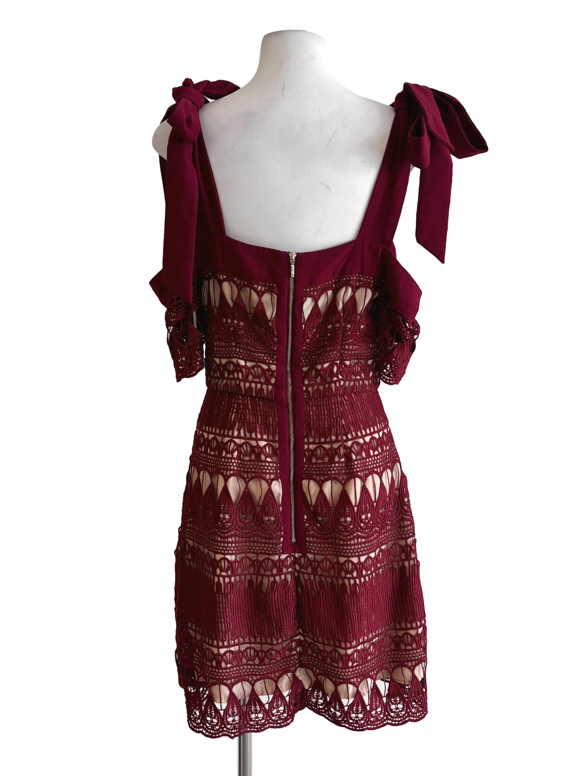 Maroon Self-tie Shoulder Sleeve Lace Dress