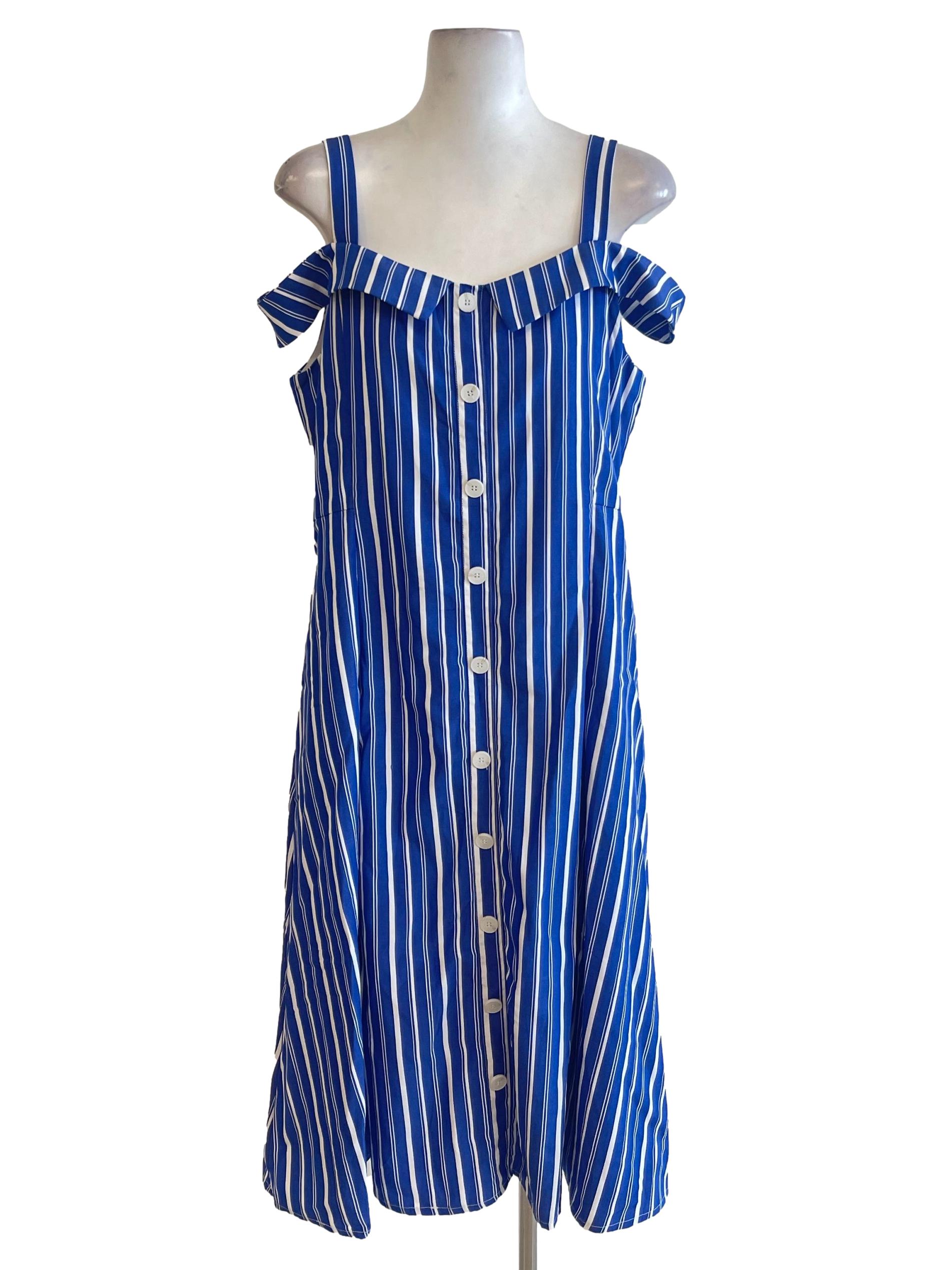 Blue Candy Stripe Strap Off Shoulder Button Down Dress