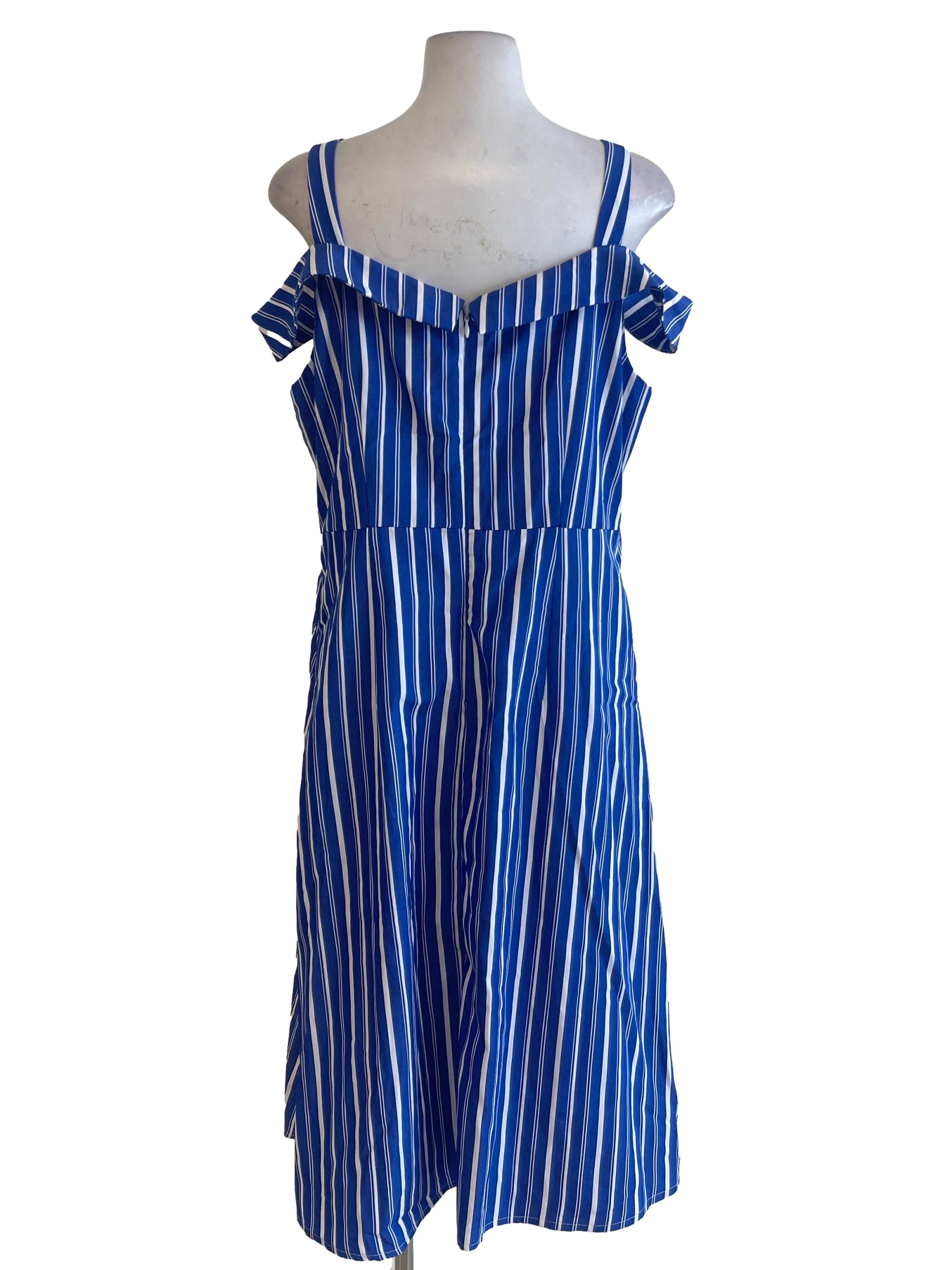 Blue Candy Stripe Strap Off Shoulder Button Down Dress
