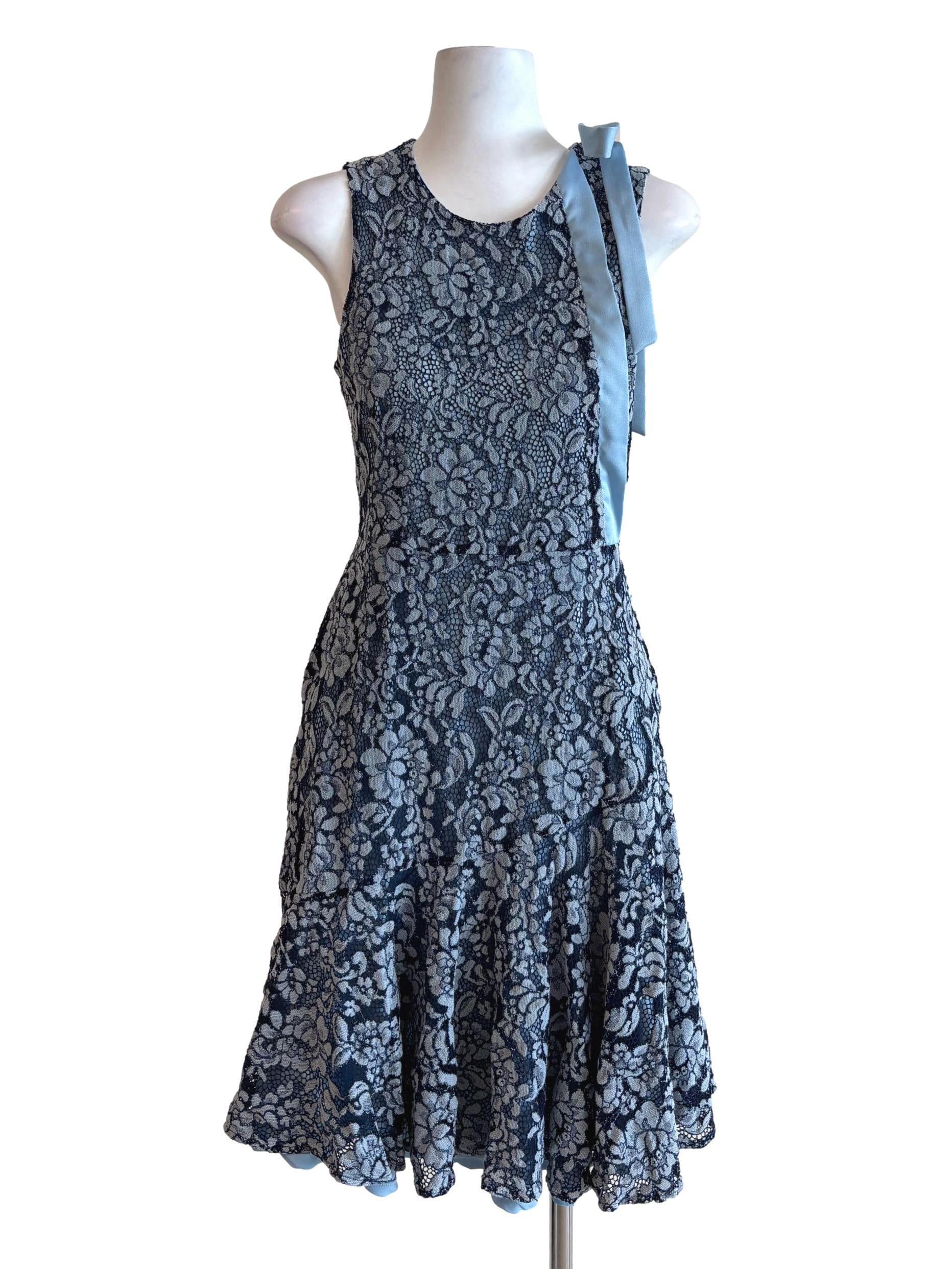 Sky Blue Floral Textured Lace Sheath Dress