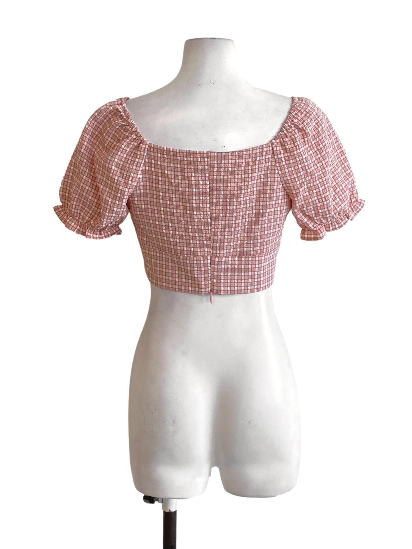 Blush Red Plaid Square Neck Peasant Cropped Top