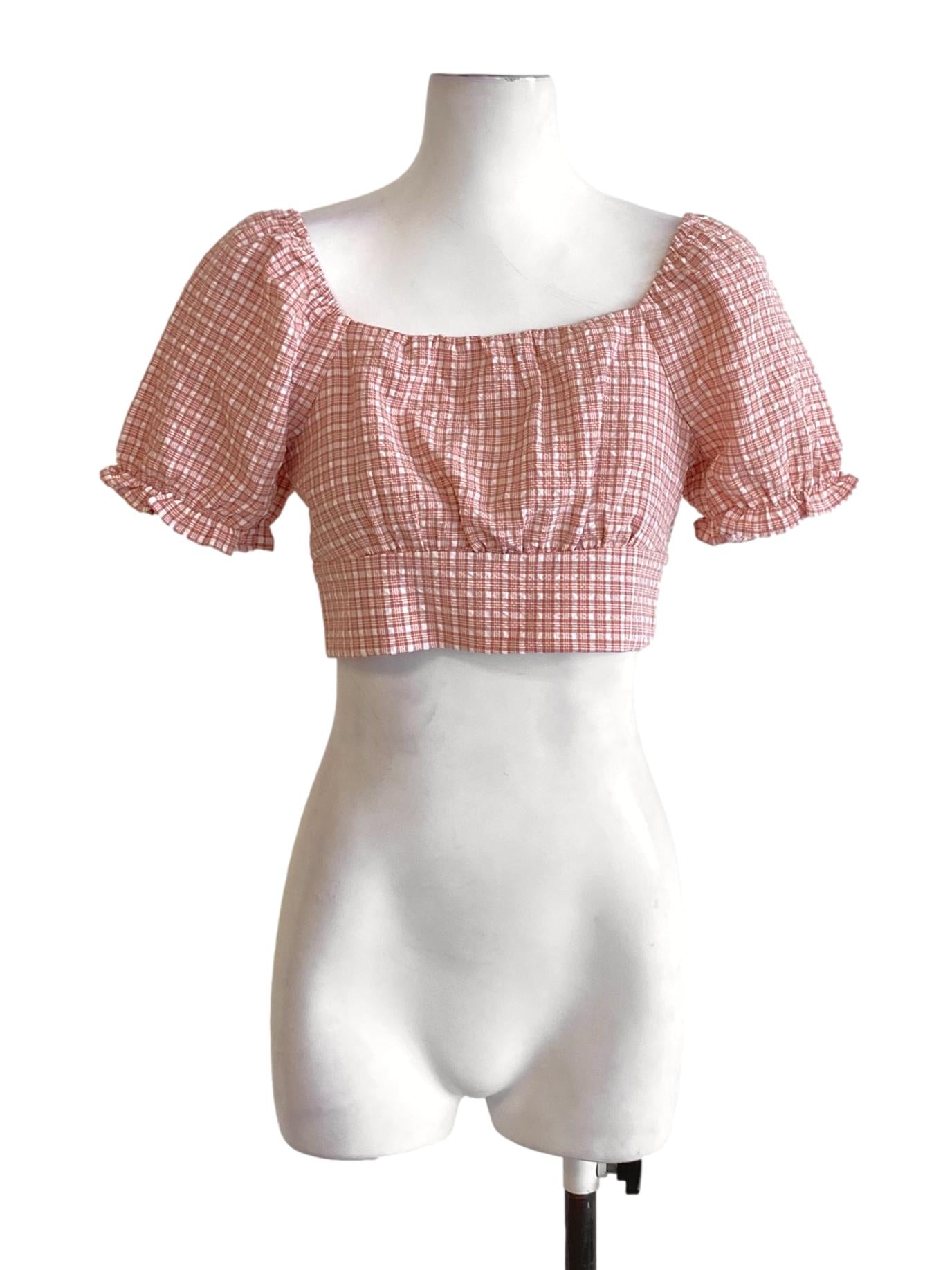 Blush Red Plaid Square Neck Peasant Cropped Top