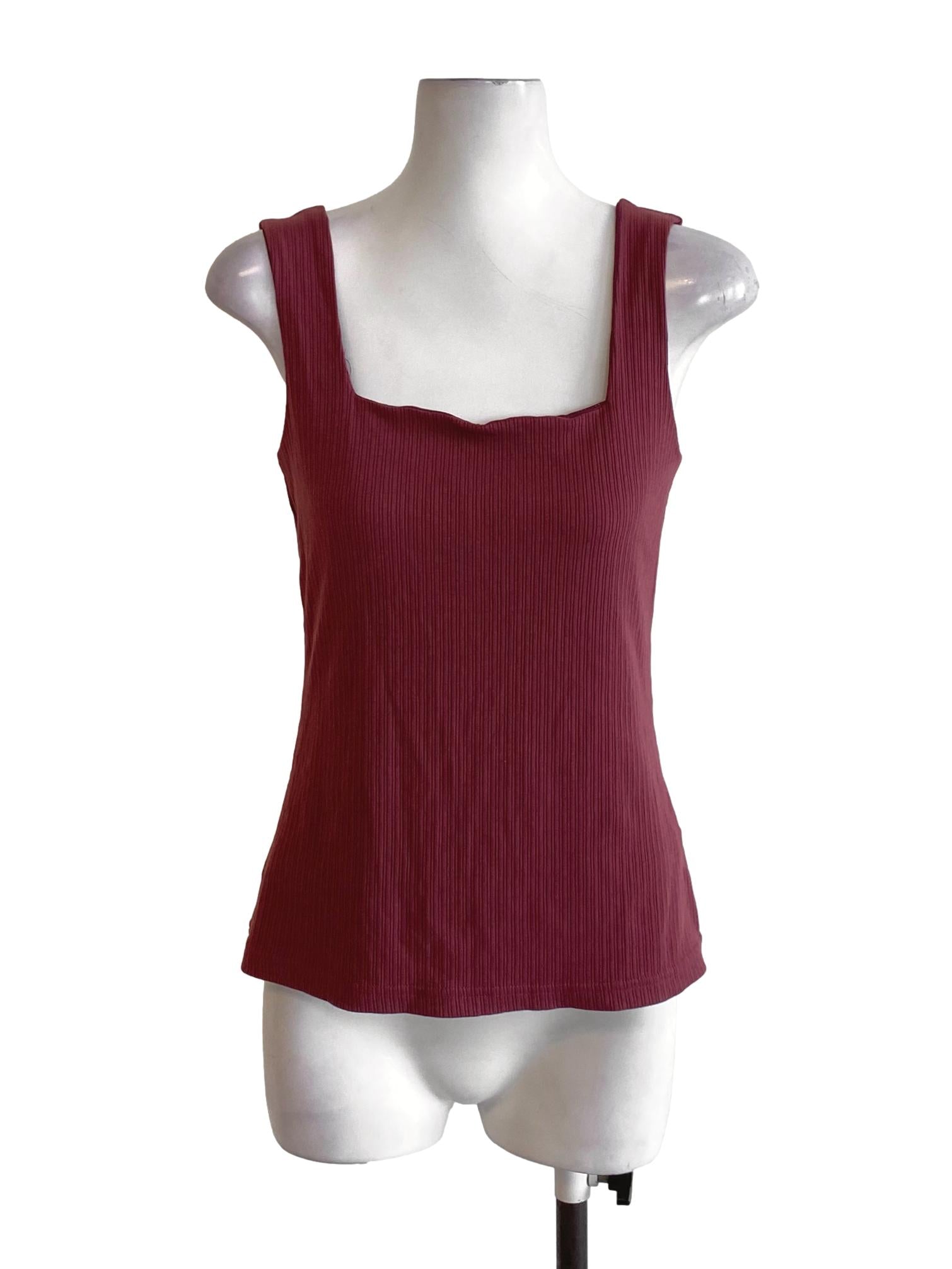 Dark Rosewood Pink Square Neck Sleeveless Knitted Top