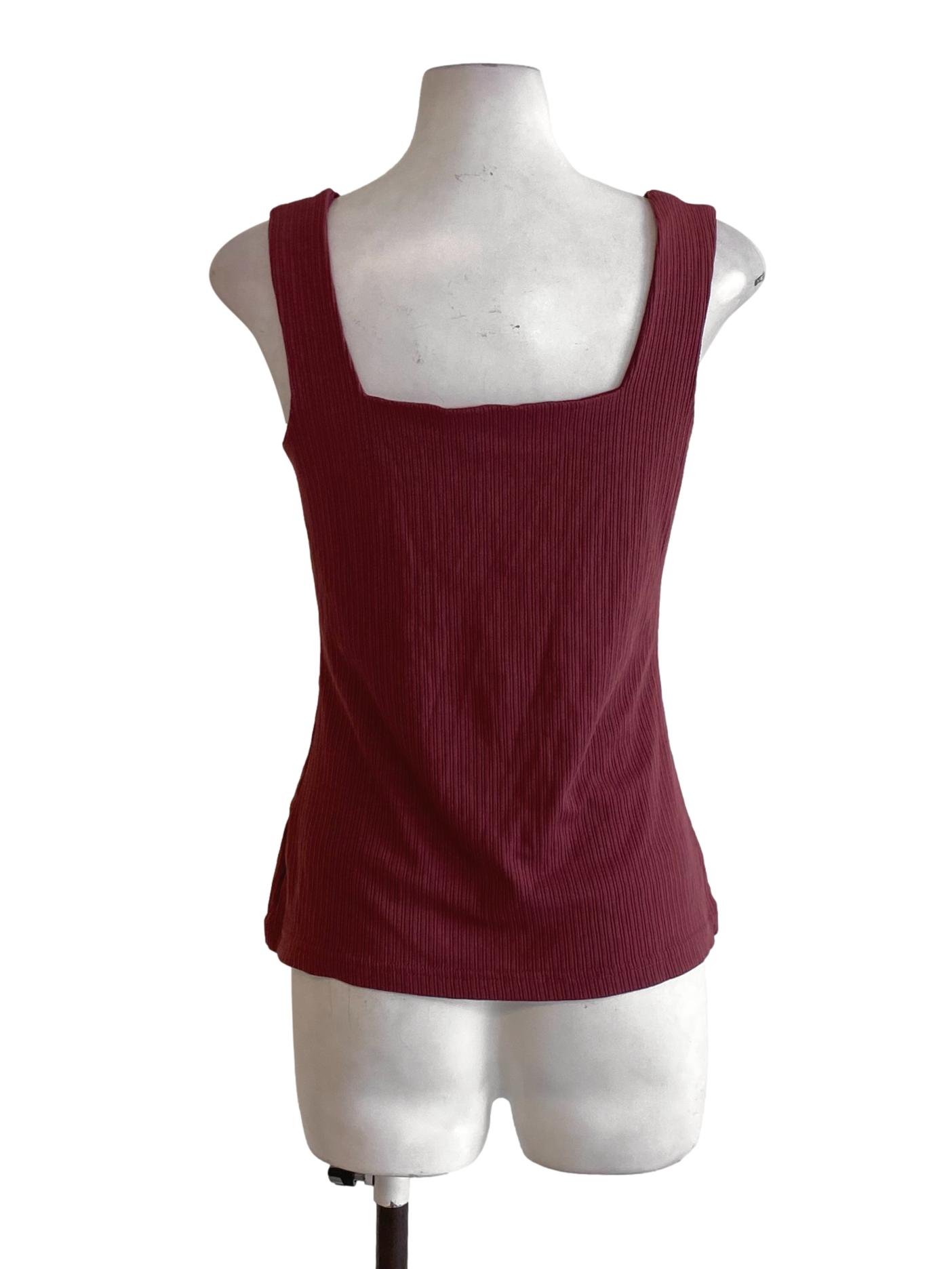 Dark Rosewood Pink Square Neck Sleeveless Knitted Top
