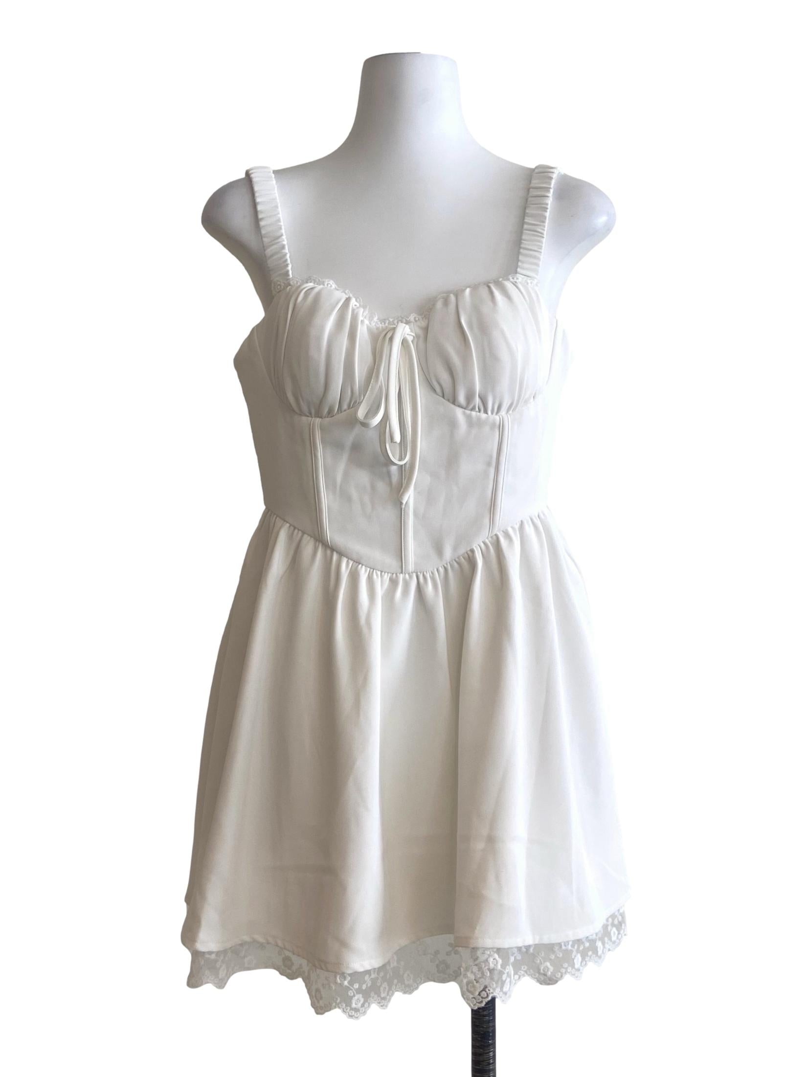 White & Floral Lace Apron Mini Dress