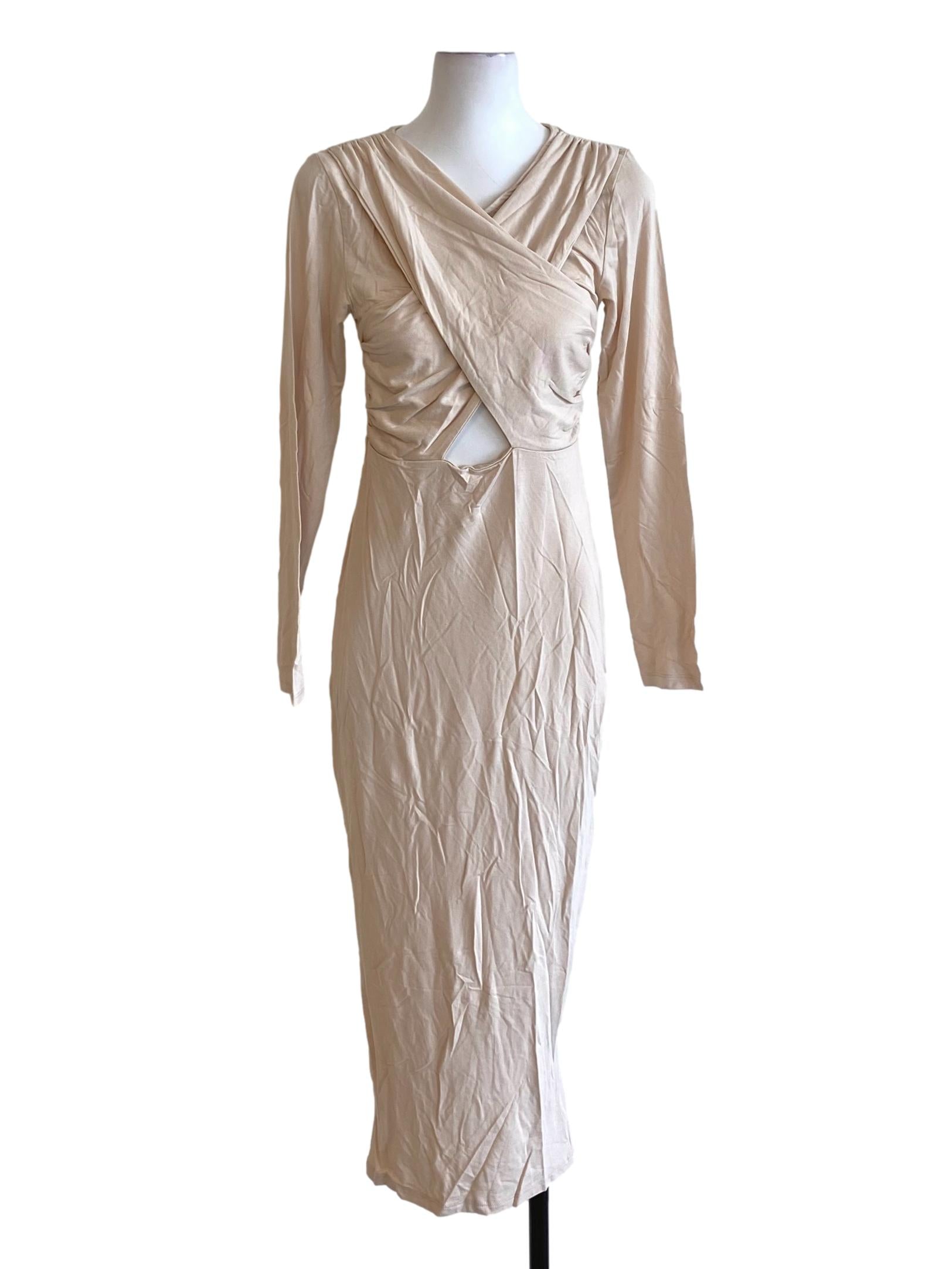 Beige Brown Cross Bust Long Sleeve Fit Bodycon Dress