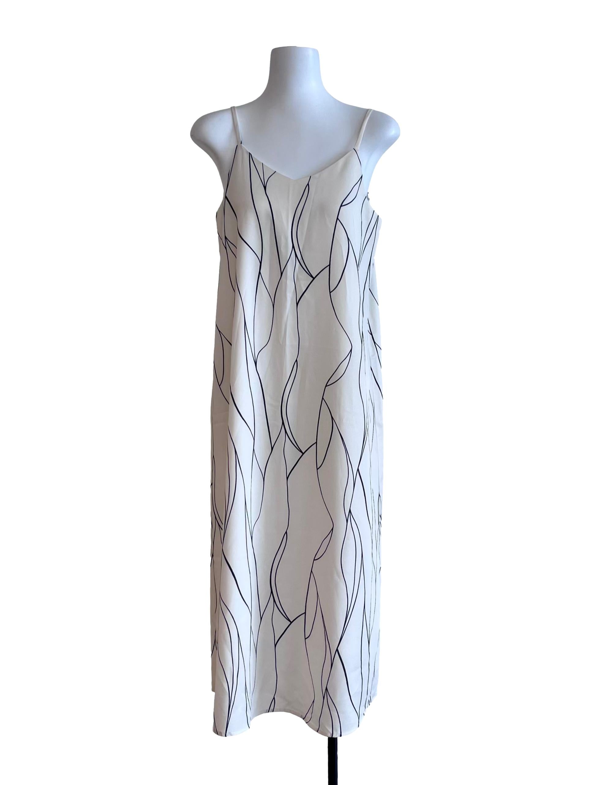 White With Black Abstract Print Slip Dress