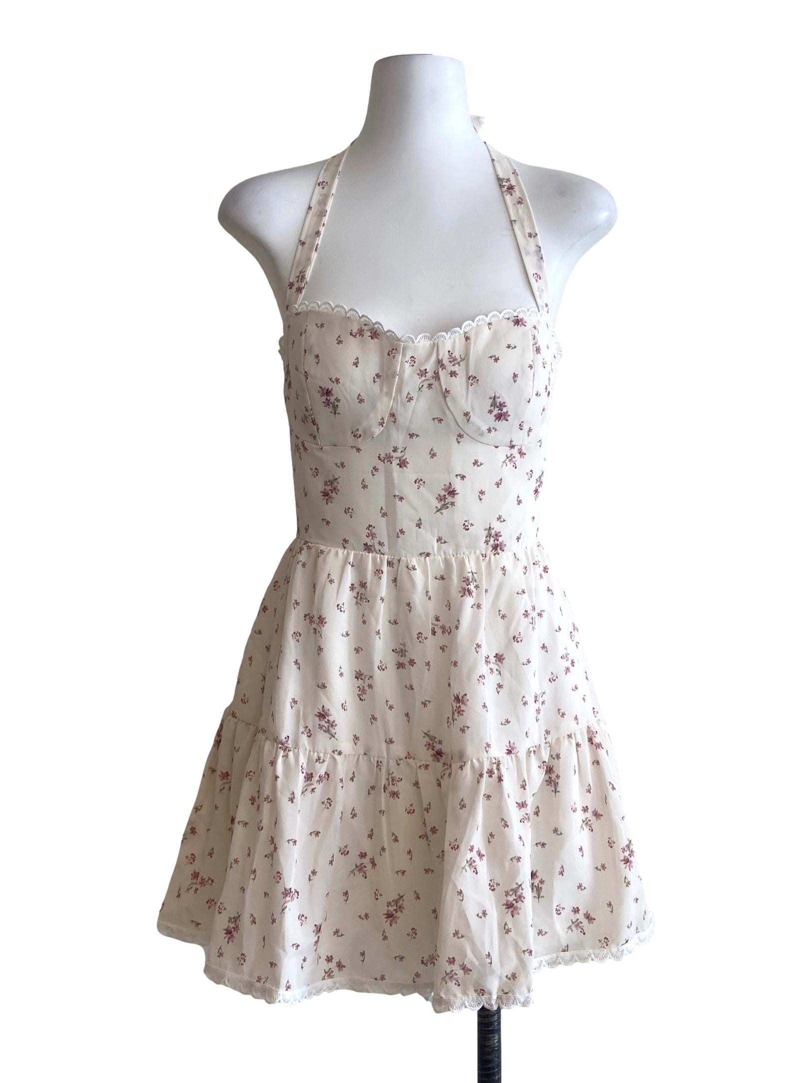 White & Floral Halter Neck Layered Dress
