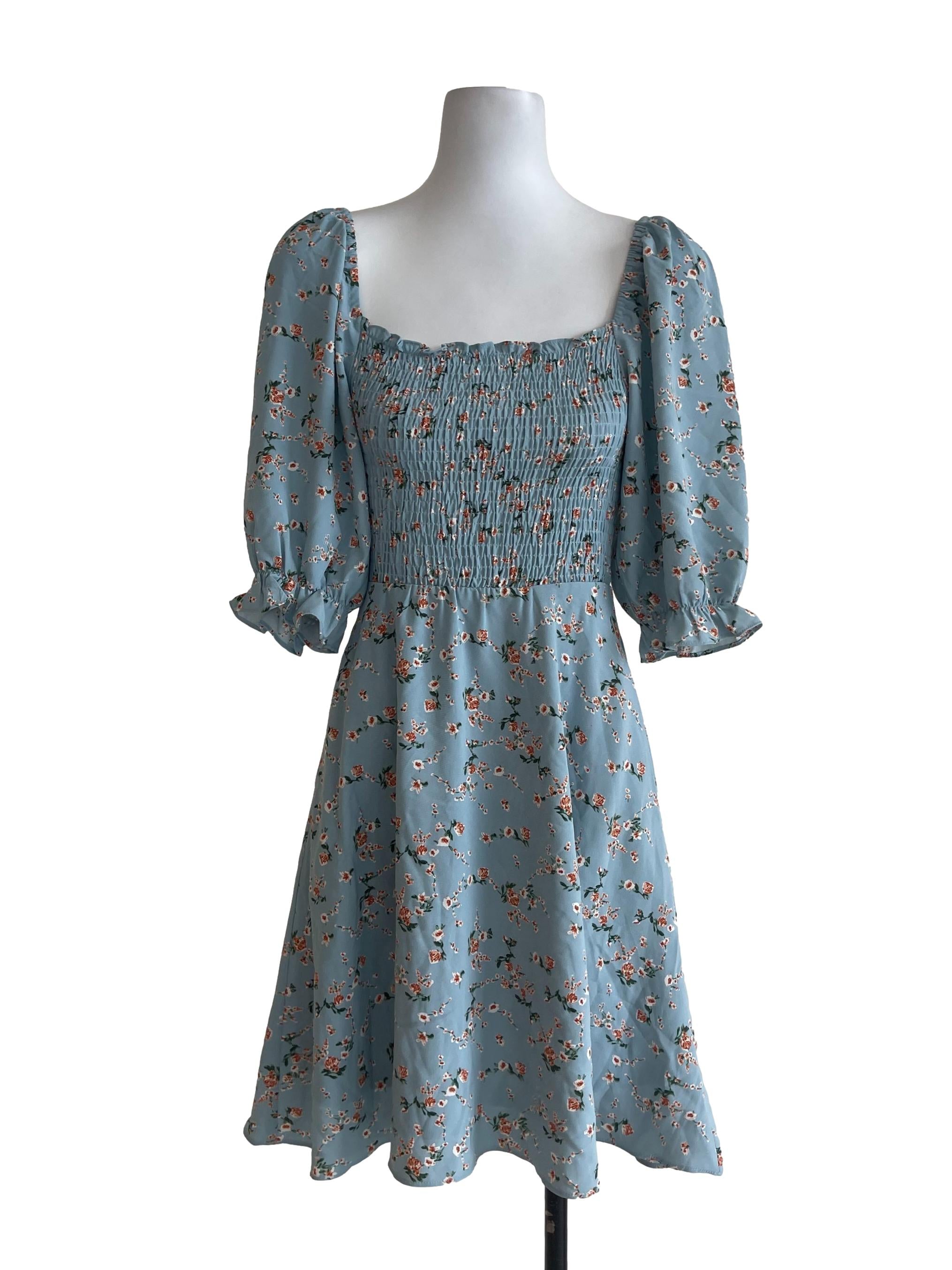Sky Blue Floral Off Shoulder Dress